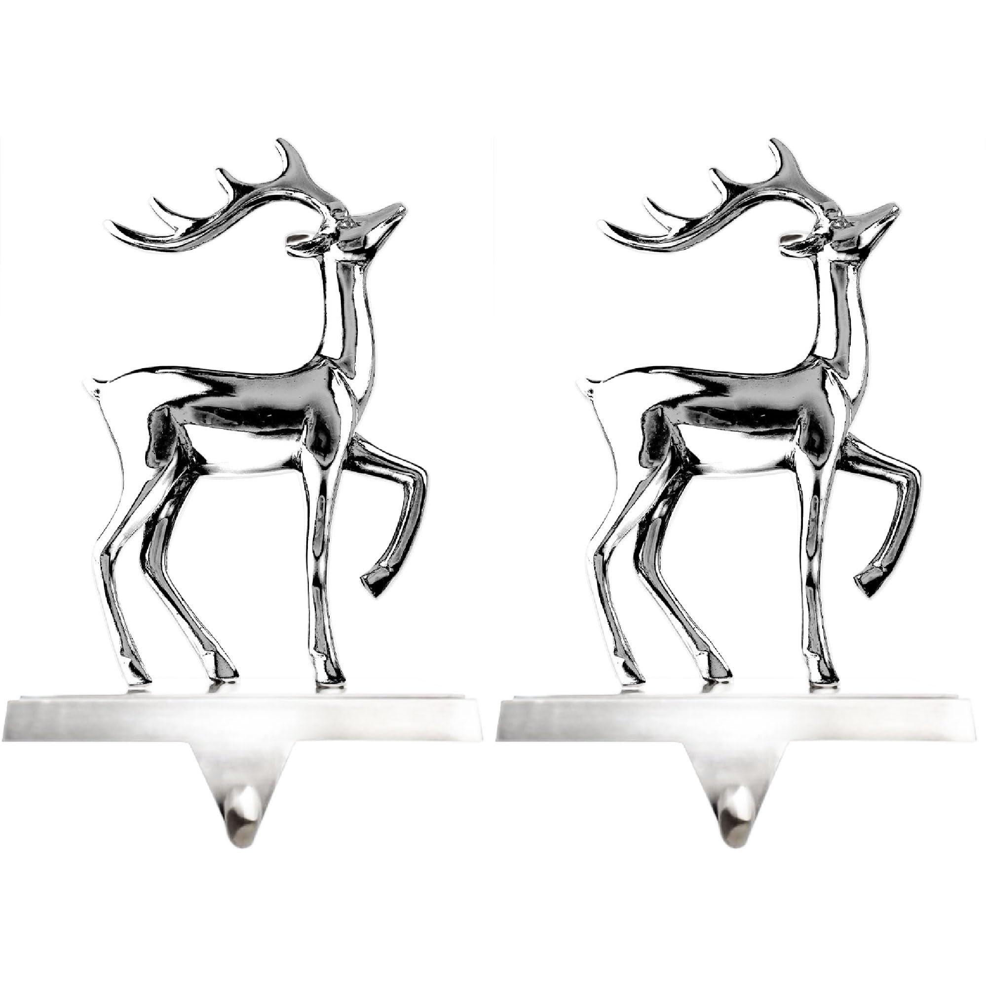 Klikel Stocking Holder Set of 2 - Christmas Reindeer Stocking Hanger For Mantel - Shiny Silver Metal Deer Christmas Stocking Holder For Fireplace Mantle - Heavy Stocking Holder For Mantle-facing Right