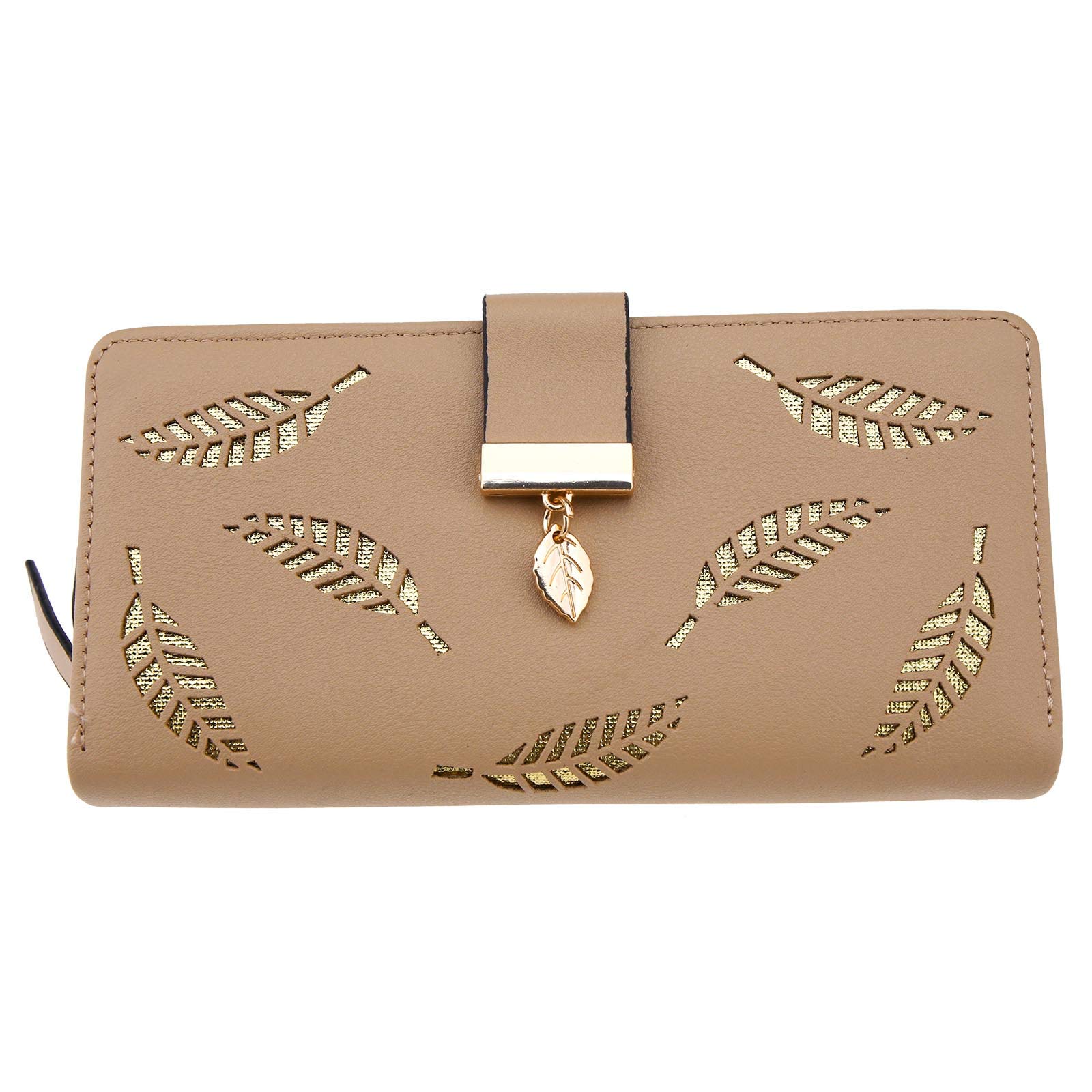 Create idea Women's Long Leaf Bifold Wallet, Card Holder Purse Clutch Wallet Metal Pendant Purse