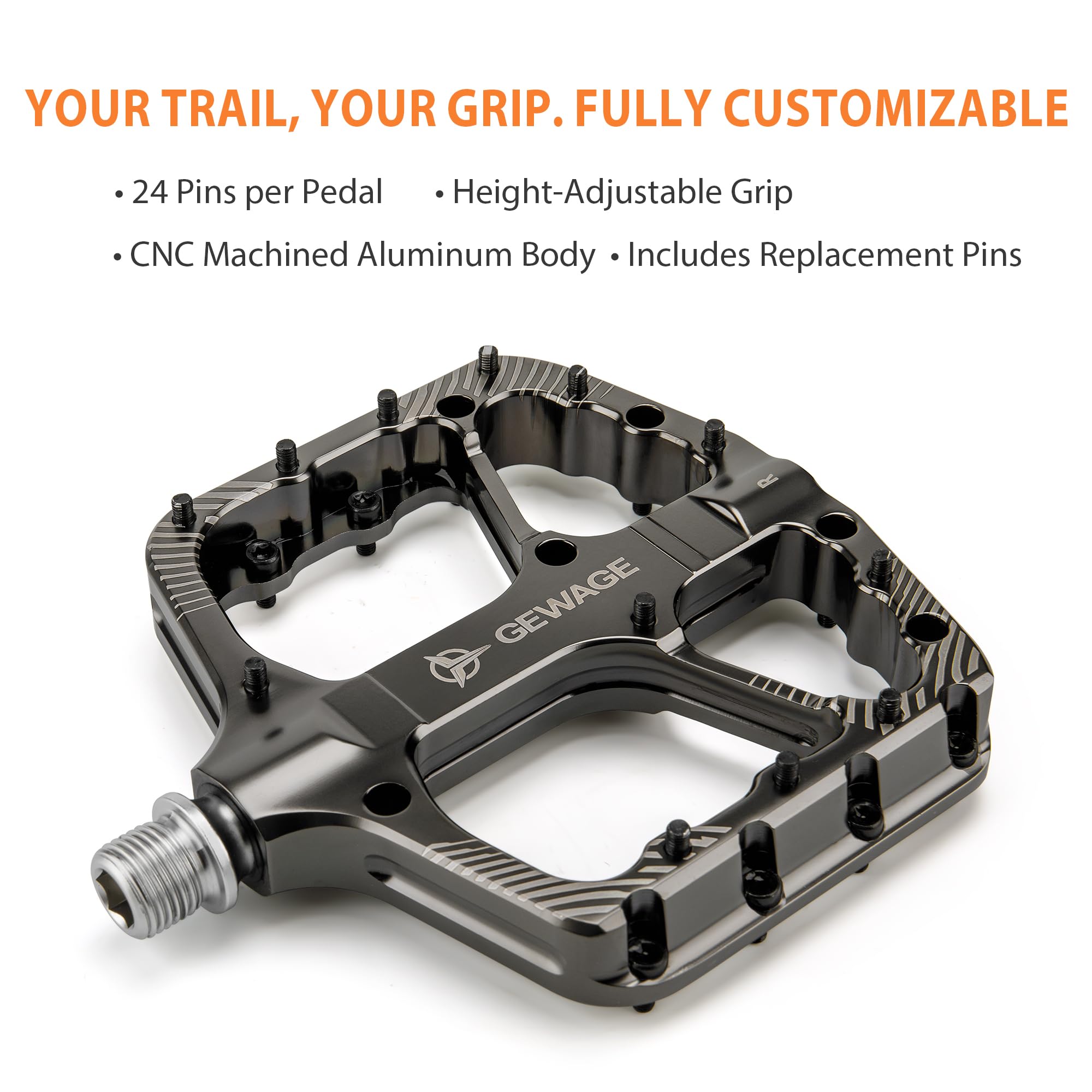 GEWAGE Pedały Rowerowe MTB CNC z Aluminium, Oś ze Stali Chromowanej, Łożyska Kulowe i Uszczelnienie, Antypoślizgowe Piny, 9/16", do MTB, Gravel, Trekking, Trail i Downhill