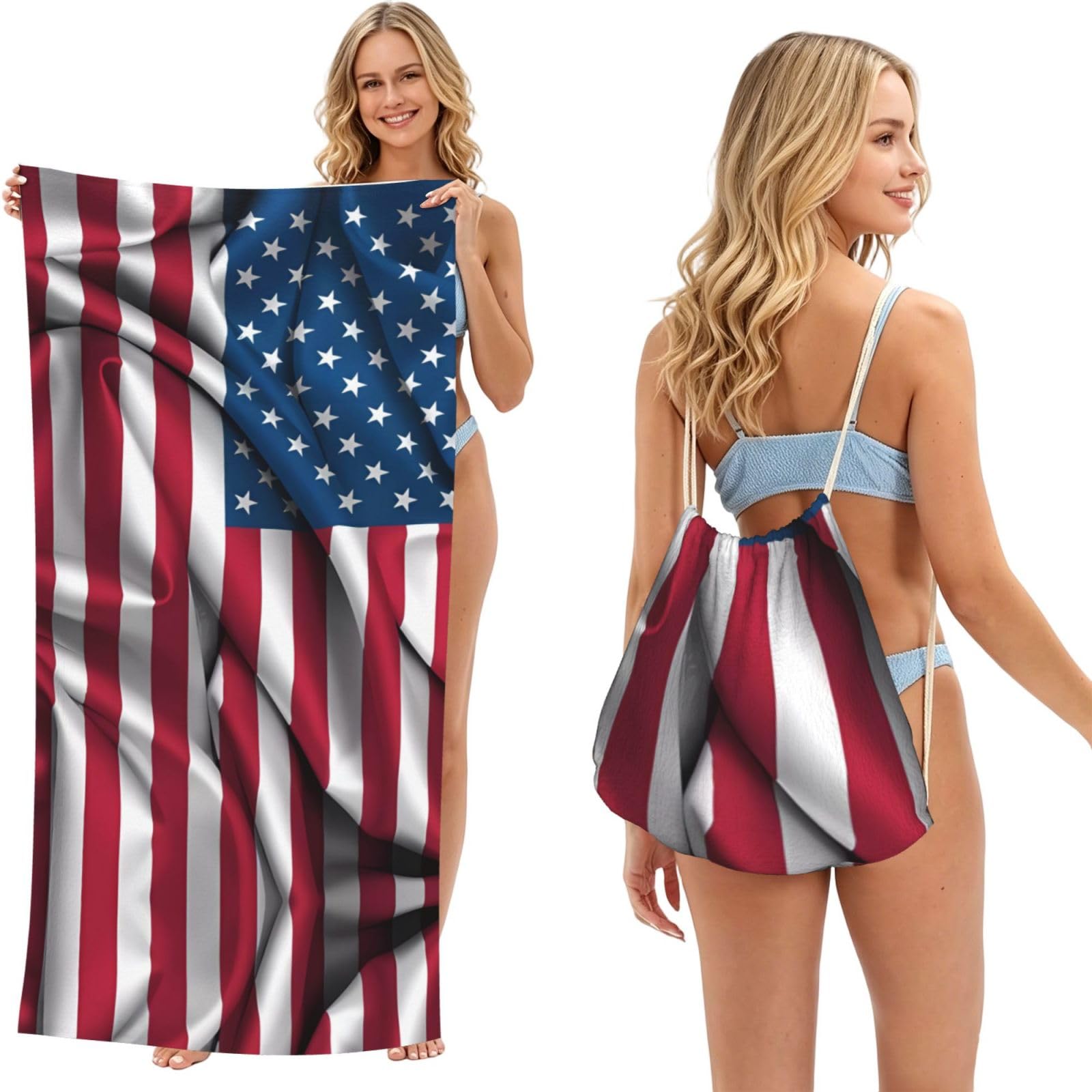 SXZVVBN American Flag 2-in-1 Beach Towel Bag, Quick Dry Sand Free Travel Towel Backpack for Adults