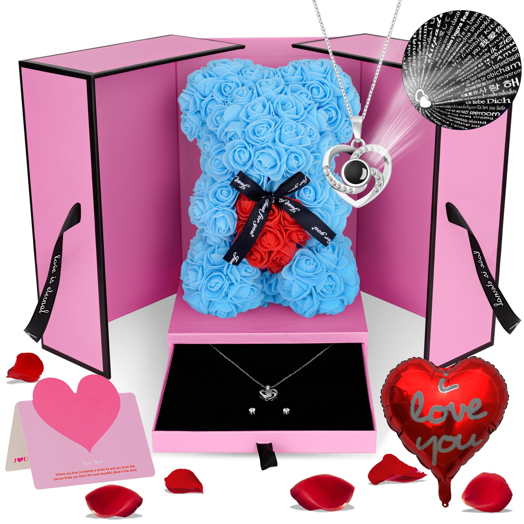 Flowers Rose Bear Gifts Artificial Forever Rose Everlasting Flower Teddy Bear Gifts for Her Women Mom Wife Wedding Mothers