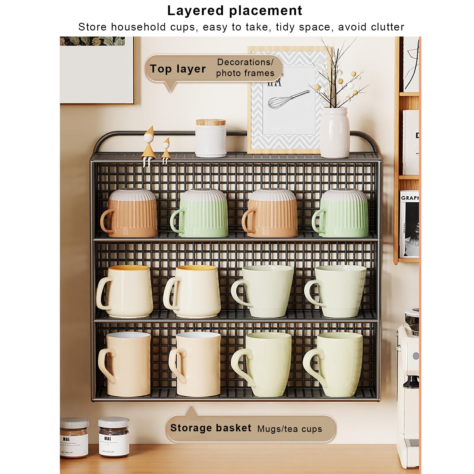 Portaoggetti per Tazze, Organizer per Tazze in Metallo, Porta Tazze da tè, Mensola Portaoggetti A Parete per Cucina, Dispensa, Frigorifero, Bagno e Ufficio(45x10x38cm(18x4x15inch), White)