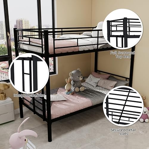 Miniatura 49 de GNIXUU Literas de tamaño individual sobre matrimonial, marco de literas bajas de metal resistente con barandilla de seguridad y escalera para