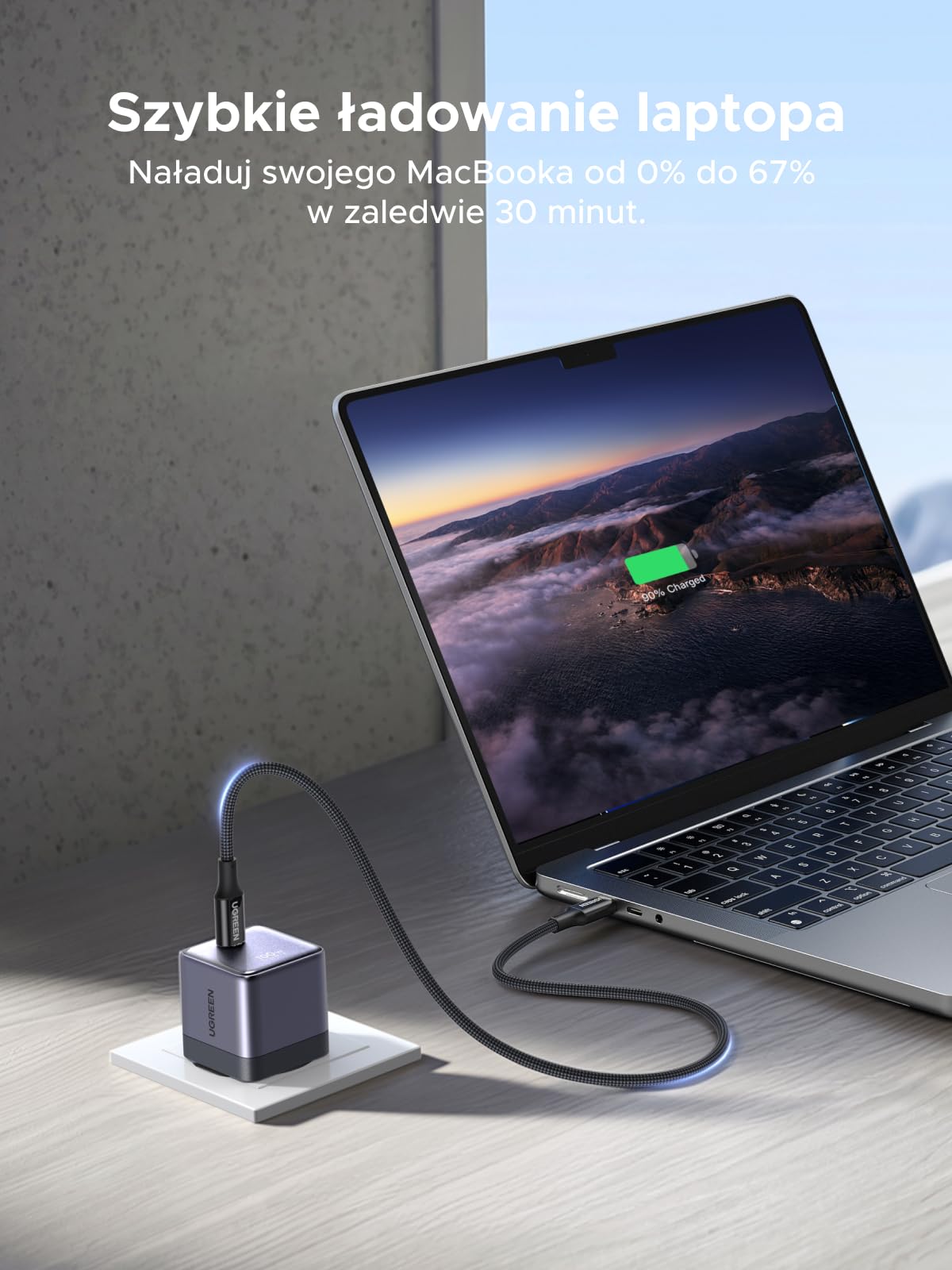 UGREEN Nexode Air 100 W USB-C ładowarka z kablem USB-C 1 m, 1 port USB-C | Ładowarka GaN z kablem ładującym, kompaktowa ładowarka do laptopów MacBook Pro, MacBook Air, iPhone, iPad Pro, Galaxy