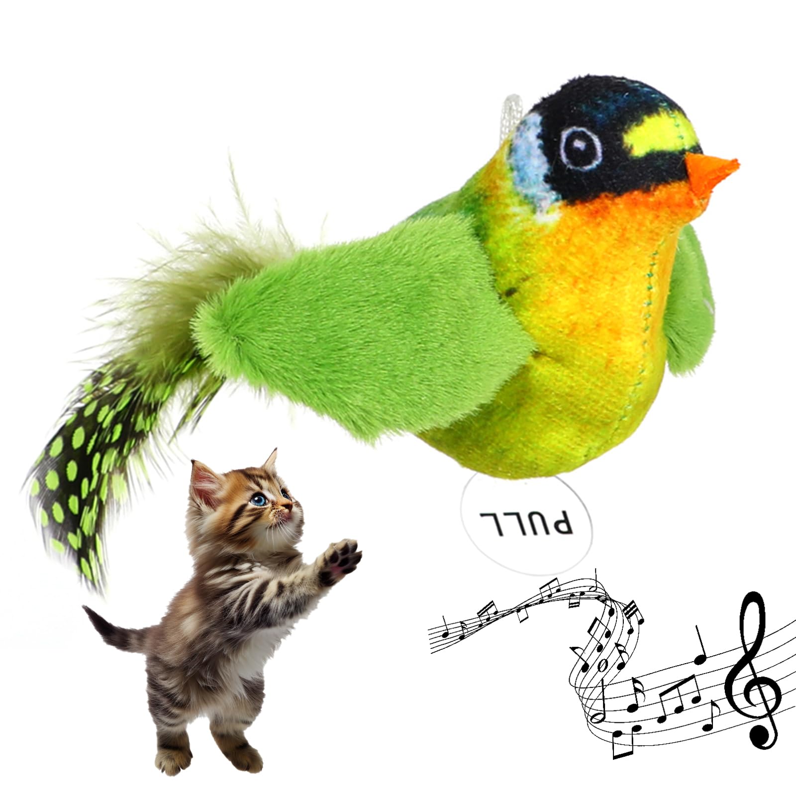 Catnip Cat Toys Satisfy Cat's Natural Hunting Instintion for Indoors Cats Feather Toys Interactive with Lifelike Chirp Sound Chirping Bird Kitten Toy Real Feather(Green Bird)