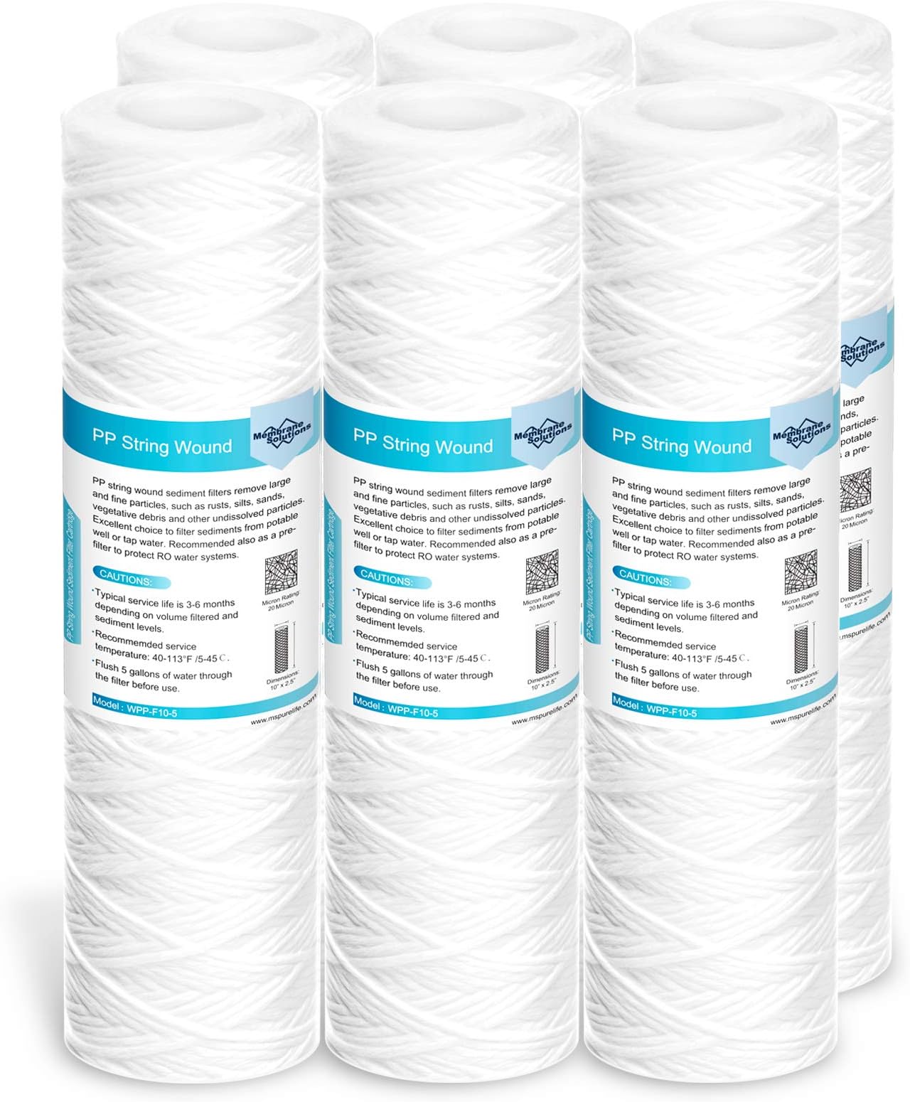 Membrane Solutions 20 Micron 10"x2.5" String Wound Whole House Water Filter Replacement Cartridge Universal Sediment Filters for Well Water - 6 Pack