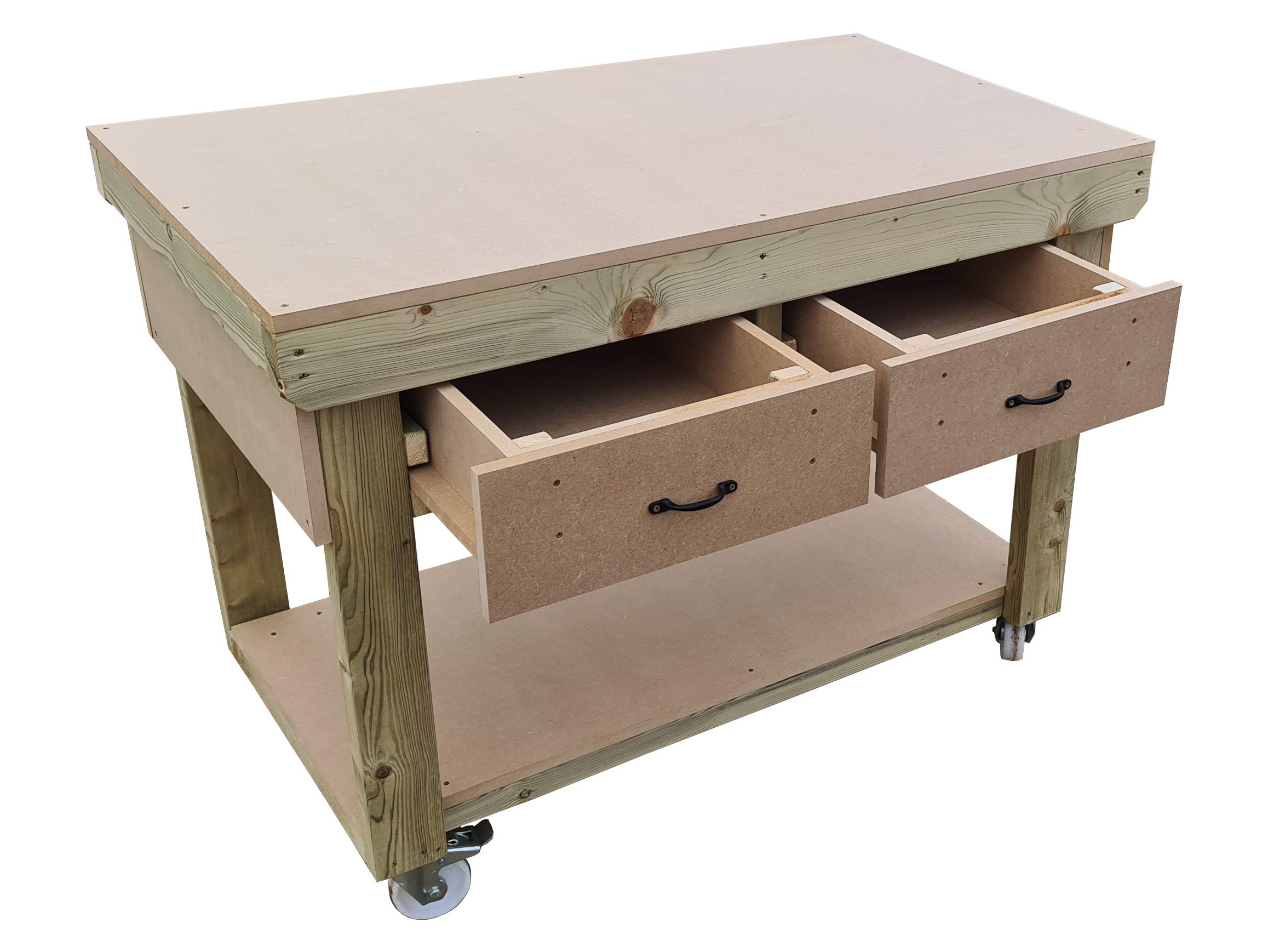 Wooden Workbench MDF Top With Drawers - Legs with Wheels - Industrial Heavy-duty Garage Storage Table (6ft)