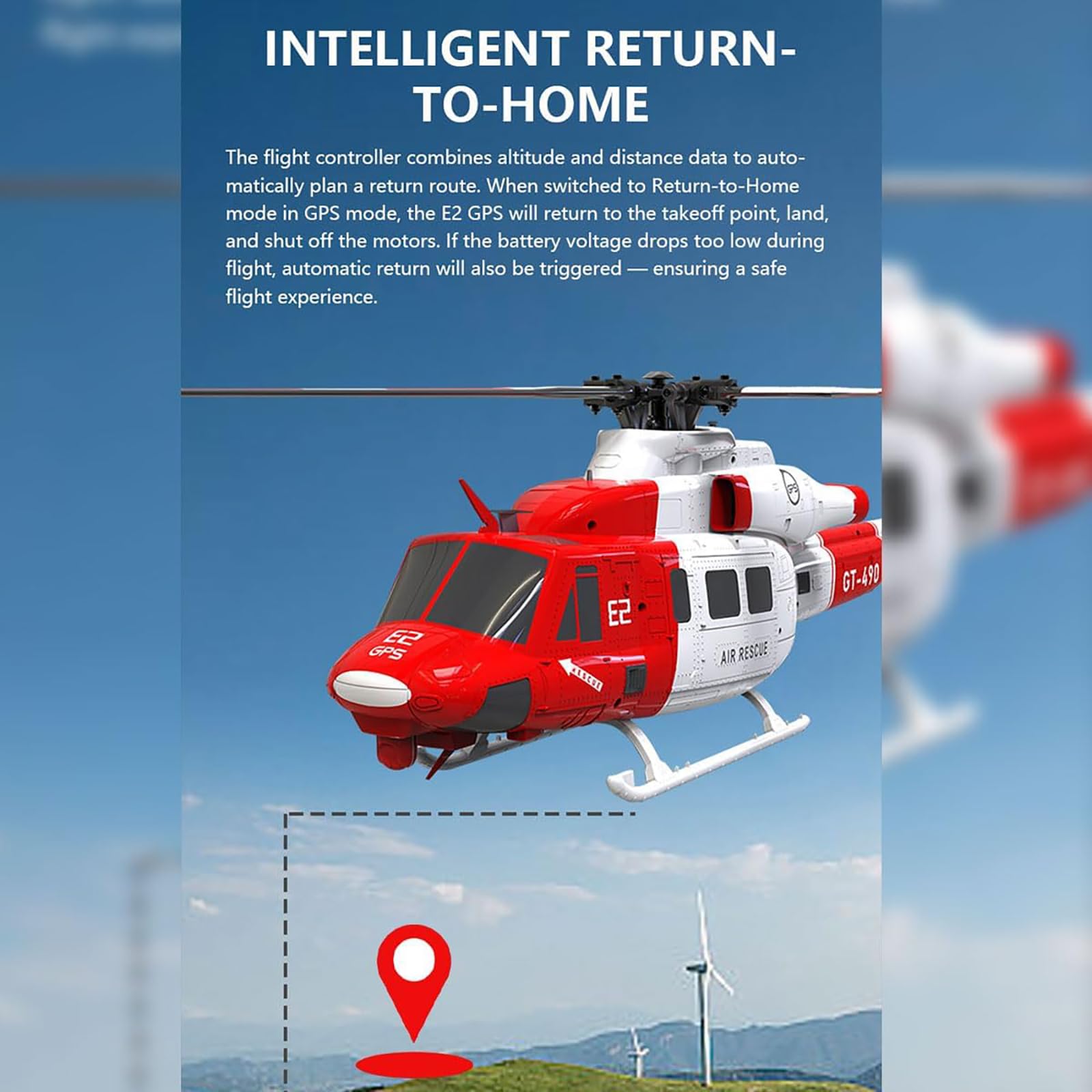 Genérico E2 UH-1Y RC Helicóptero con GPS Lidar posicionamiento, 2.4G 6CH Dual Brushless Direct Drive Rescate Helicóptero de Control Remoto, Regalo - RTF