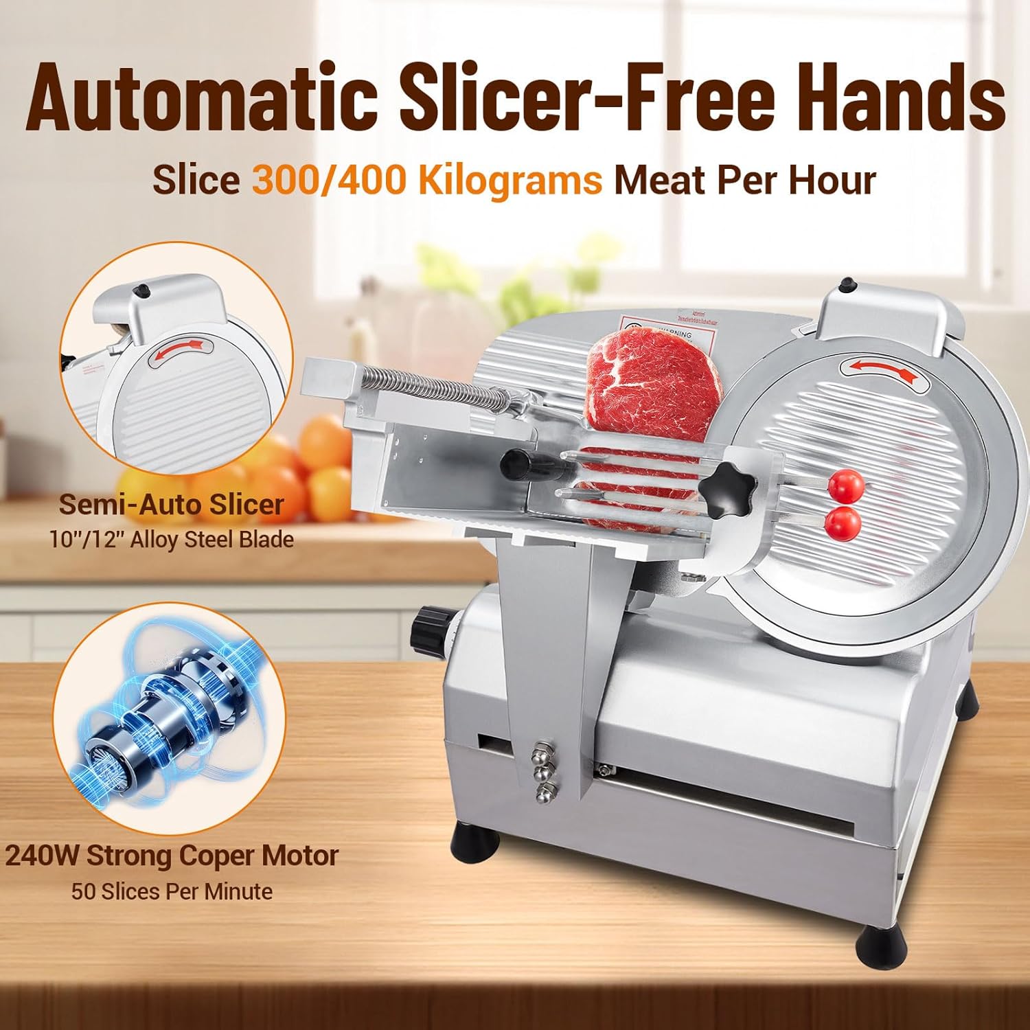Automatic Electric Meat Slicer, 12 in Non-sticky Stainless Blade, Electric Frozen & Deli Meat Cheese Ham Food Slicer with Sharpening Stone, Adjustable Slice Thickness, for Home & Commercial Use, 850W
