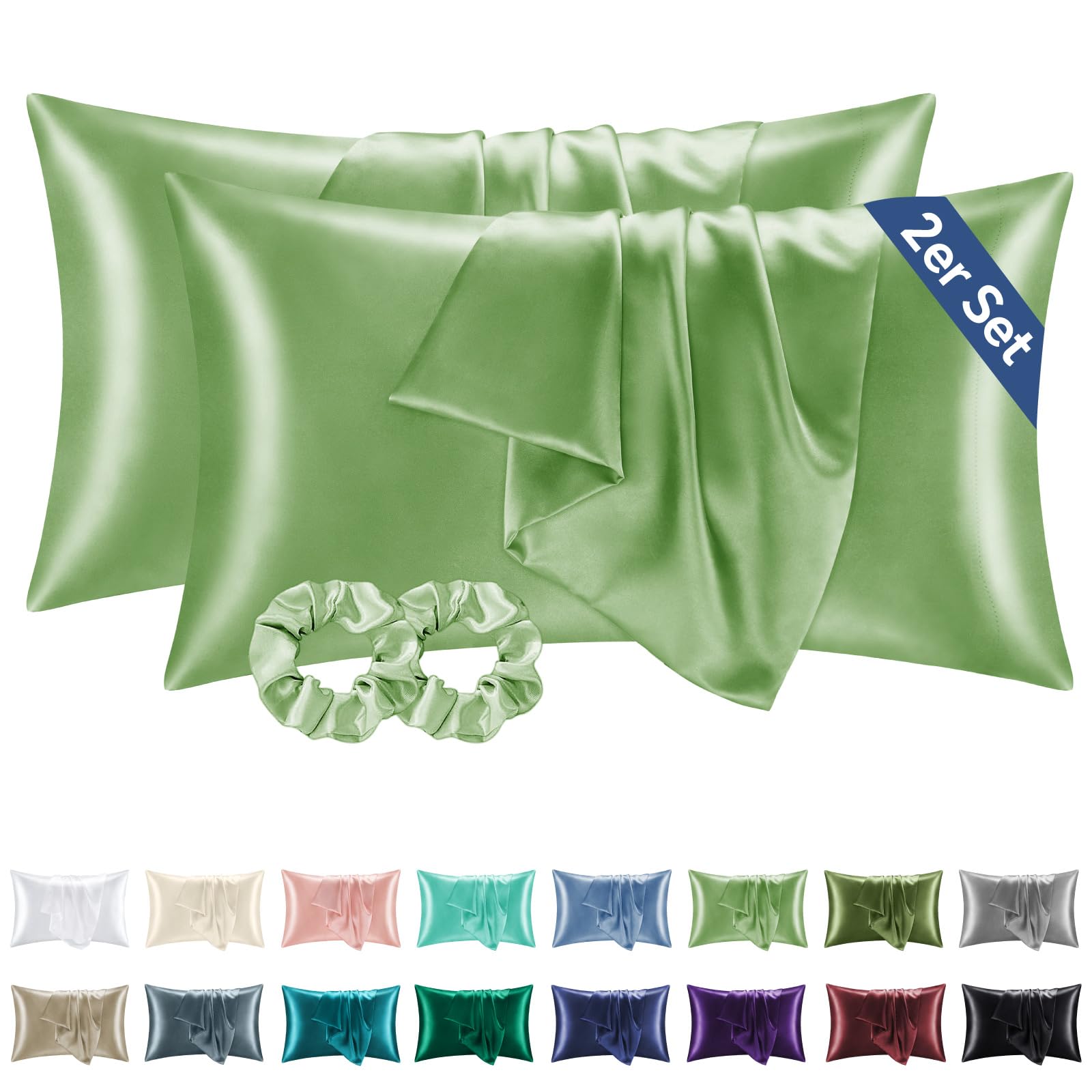 BEDELITE Satin Kissenbezug 40 x 80 Grasgrün - Kopfkissenbezug 2er Set Weich wie Seidenkissenbezug 40x80 Sommer mit 2 Haargummis für Haar und Haut, Similar to Silk Pillowcase Pillow Cover