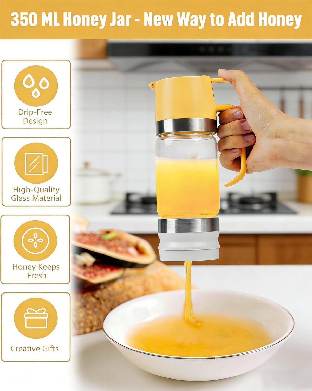 Honey Dispenser No Drip 2026 Upgraded Glass Honey Pot Jar with Stand Handle & Silicone Base 12oz Mess Free Maple Syrup Container Pump Dipper One Press Lever Spout Kitchen Tool for Pancake