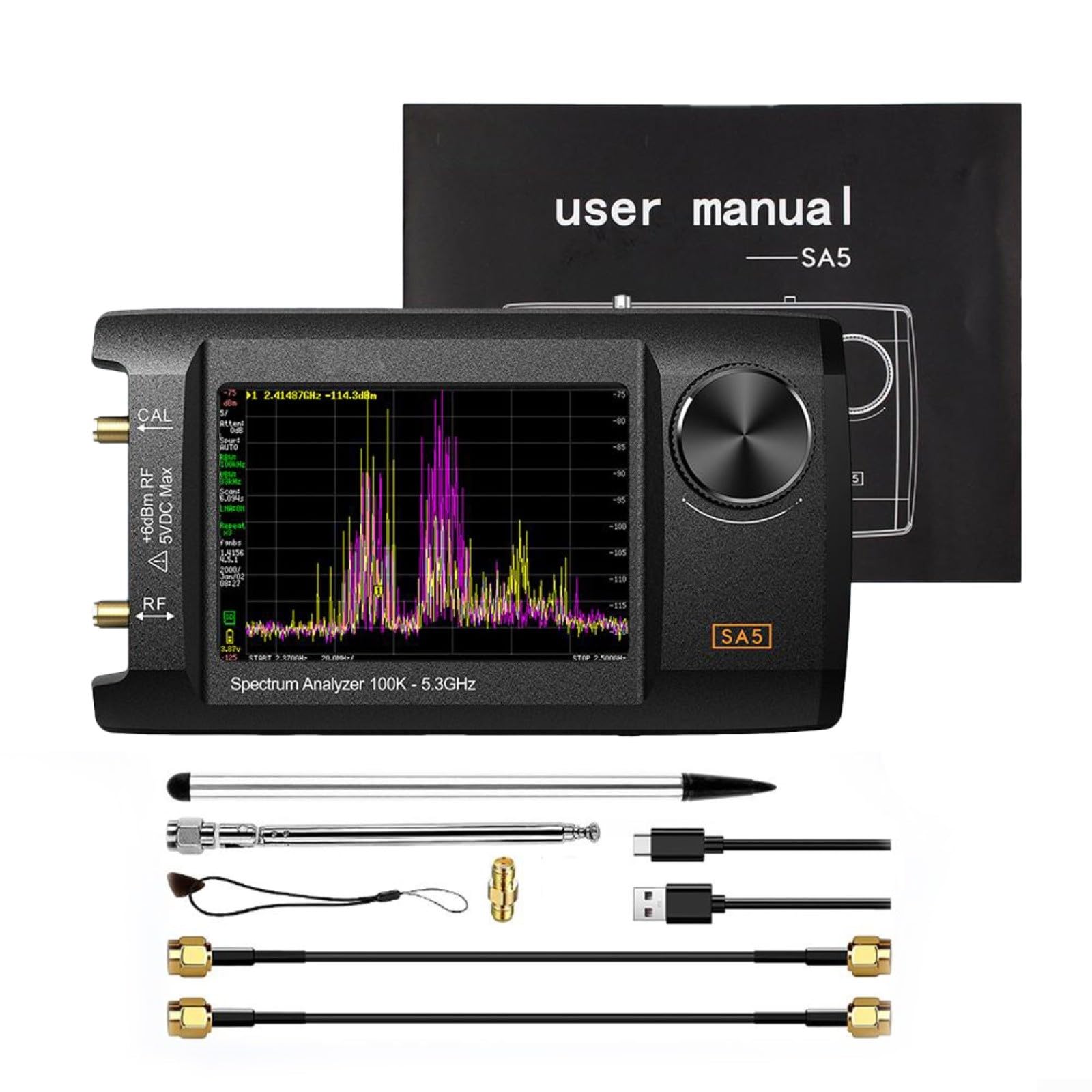 10,2 cm (4 Zoll) IPS LCD Handheld für Spectrum Analyzer SA5, 100 kHz - 5,3 GHz Frequenz Harmonic Analyzer mit Signalgenerator, 5000 mAh Akku, Typ-C, Kartensteckplatz (A)