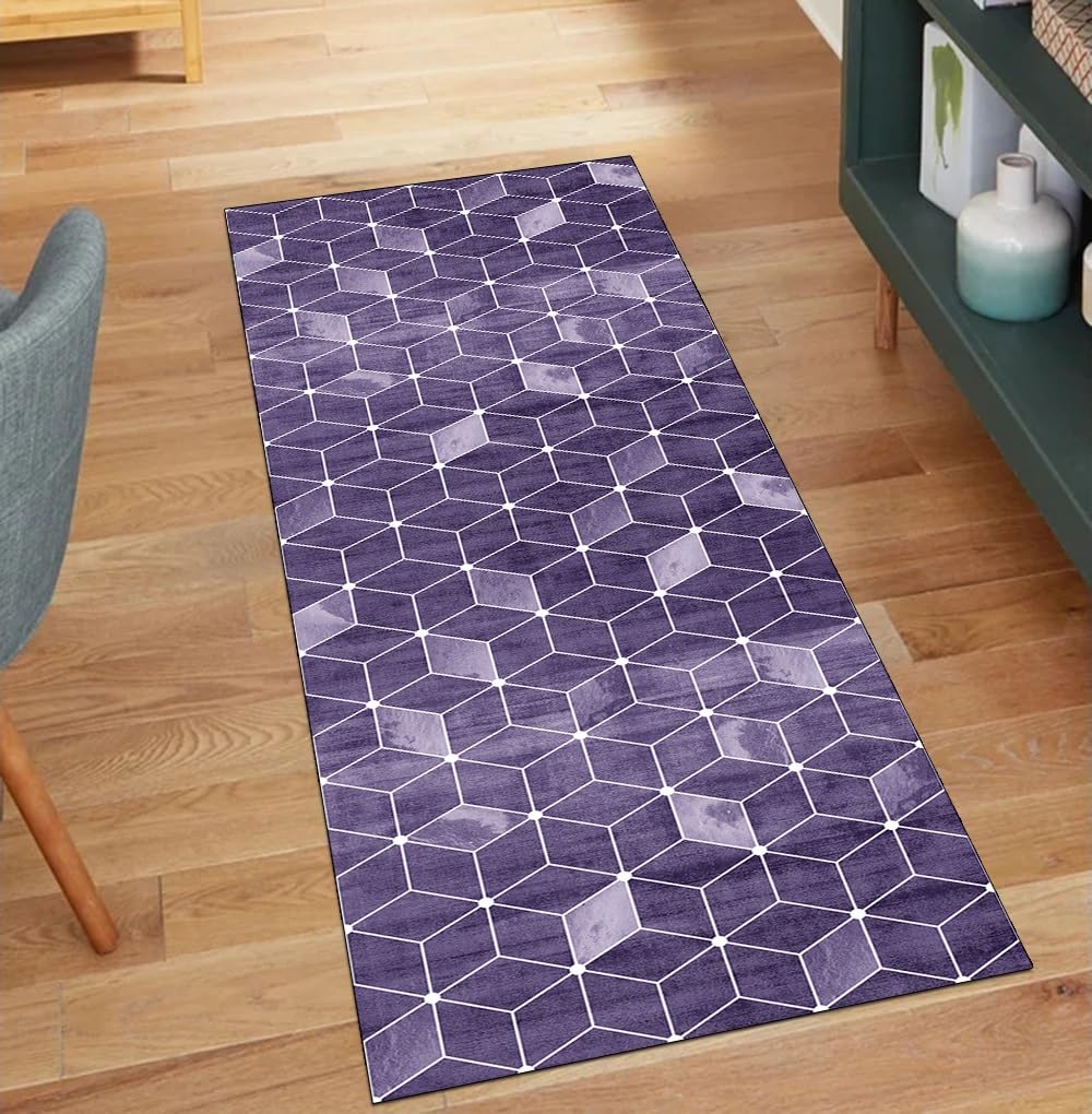 Alfombra de pasillo lavable geométrica morada para proteger y decorar tu suelo