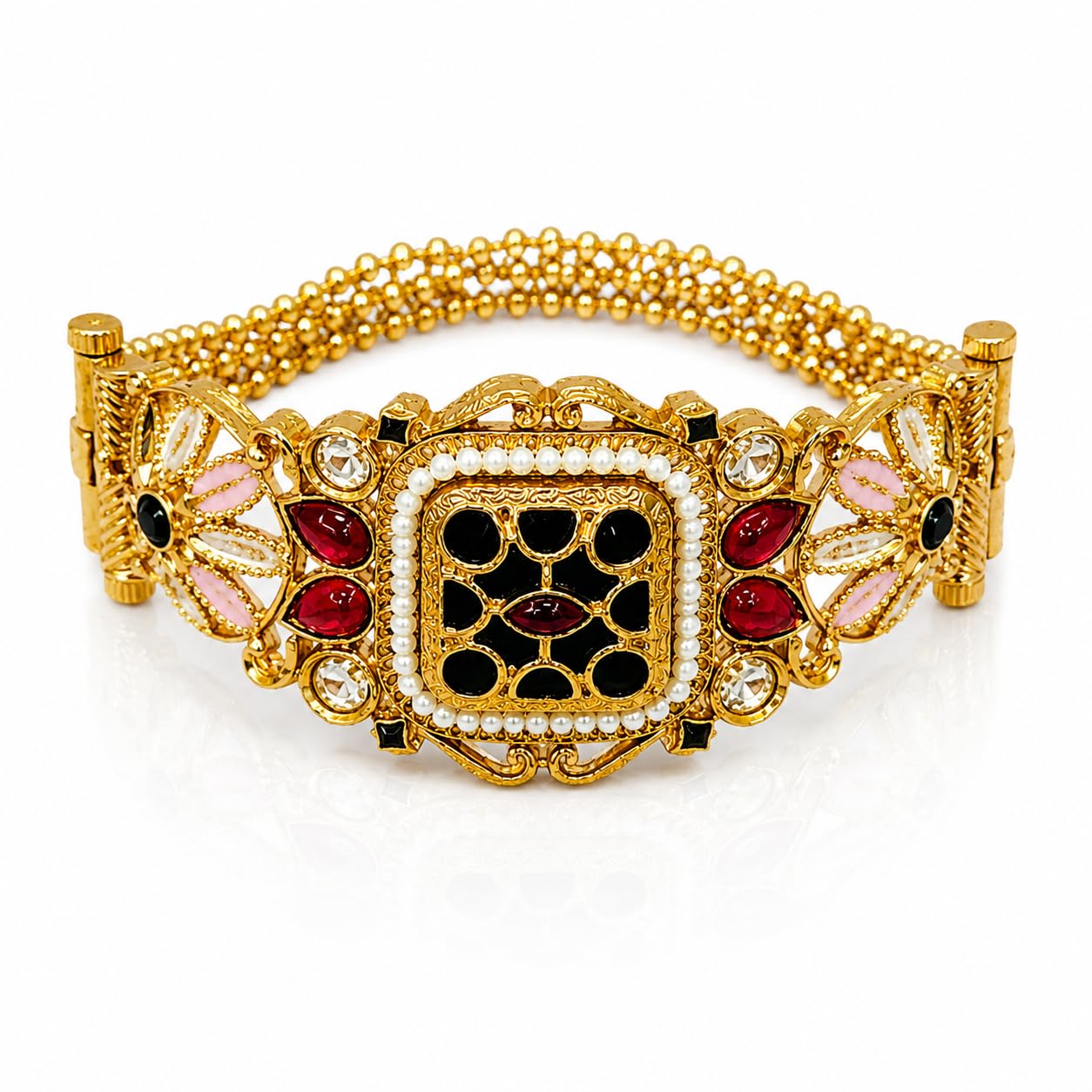 Gold Plated Antique Floral Kundan Bracelet for Women | Green Stone & Pearl Beaded Ethnic Kada Bracelet with Screw Clasp | Traditional Brass Trendy Fashion Jewellery-picture-11