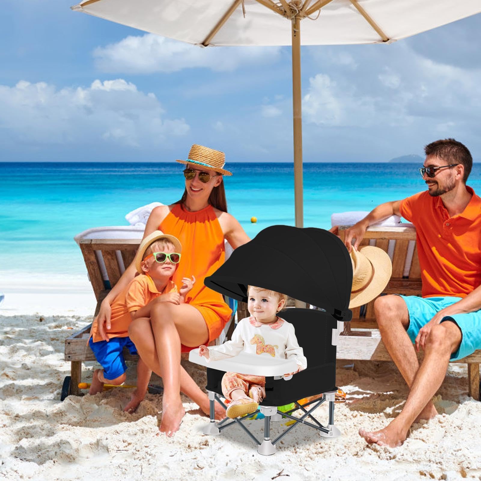 Sedia Da Pranzo Pieghevole Per Bambini - Sedia Portatile Con Vassoio Rimovibile | Rialzo Pieghevole Con Protezione Solare Per Casa Viaggi Campeggio Picnic Spiaggia, Grigio Scuro, 1-Pezzo
