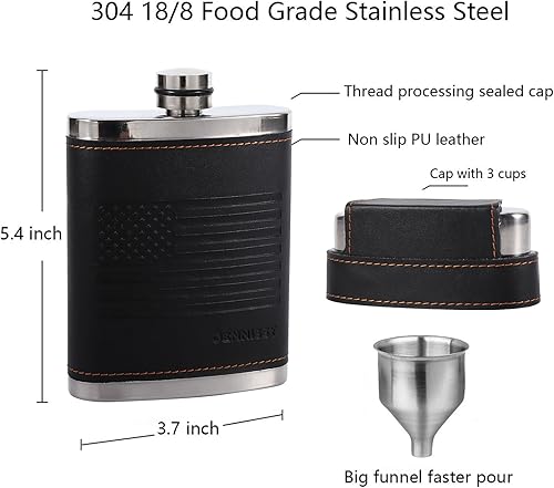 Miniatura 15 de GENNISSY Frasco de cadera de 8 onzas para hombre, frasco de whisky bourbon de acero inoxidable 304 (18/8), a prueba de fugas con envoltura de cuero