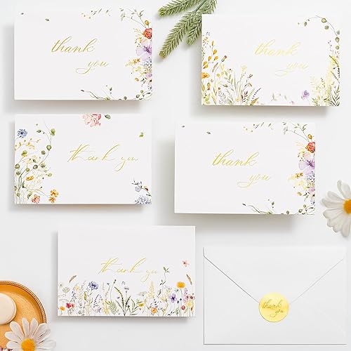 Miniatura 5 de Crisky 4 tarjetas de agradecimiento de lámina dorada surtidas, flores silvestres de acuarela (50 tarjetas con sobres para cumpleaños, baby shower,
