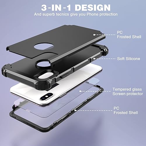 Miniatura 8 de IDweel Funda para iPhone Xs Max con protector de pantalla de vidrio templado, absorción de golpes 3 en 1, protección resistente, cubierta de