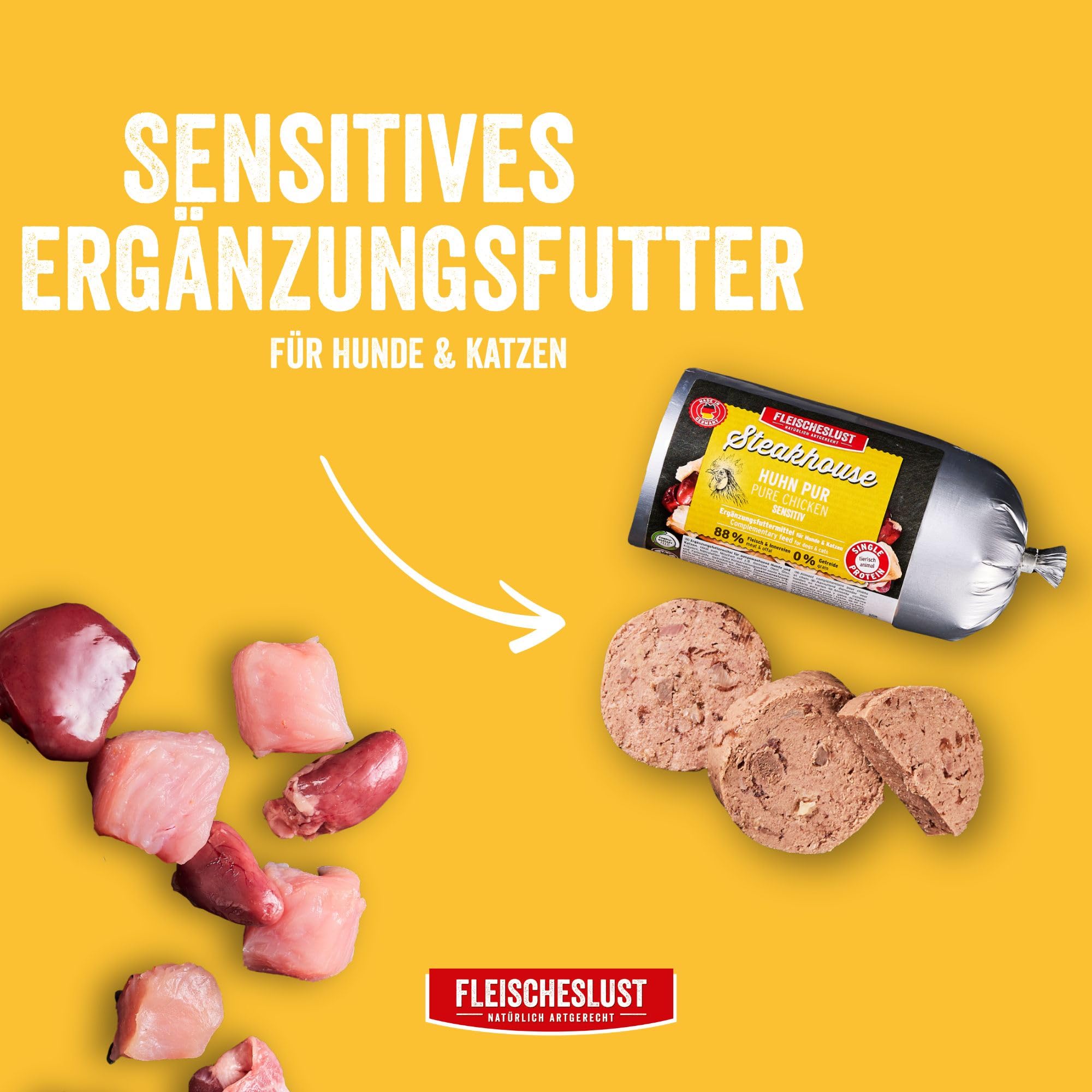 Steakhouse Huhn pur (14x500g), Nassfutter für Hunde & Katzen, sensitives Ergänzungsfutter, Monoprotein, getreidefrei, 14x Wurst von Fleischeslust