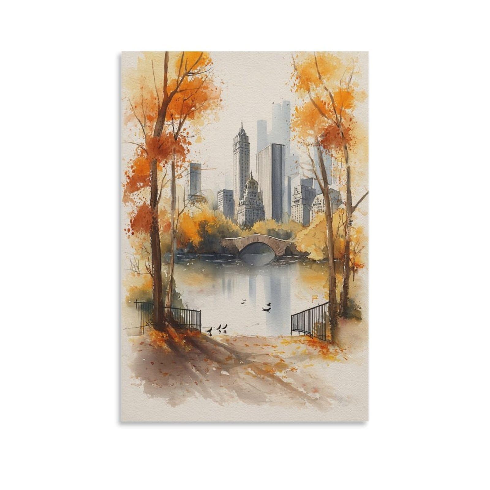 XWYMXZ Central Park Watercolor Print Winter Scene Posters 20x30inch(50x75cm) Vintage Watercolor Canvas Art