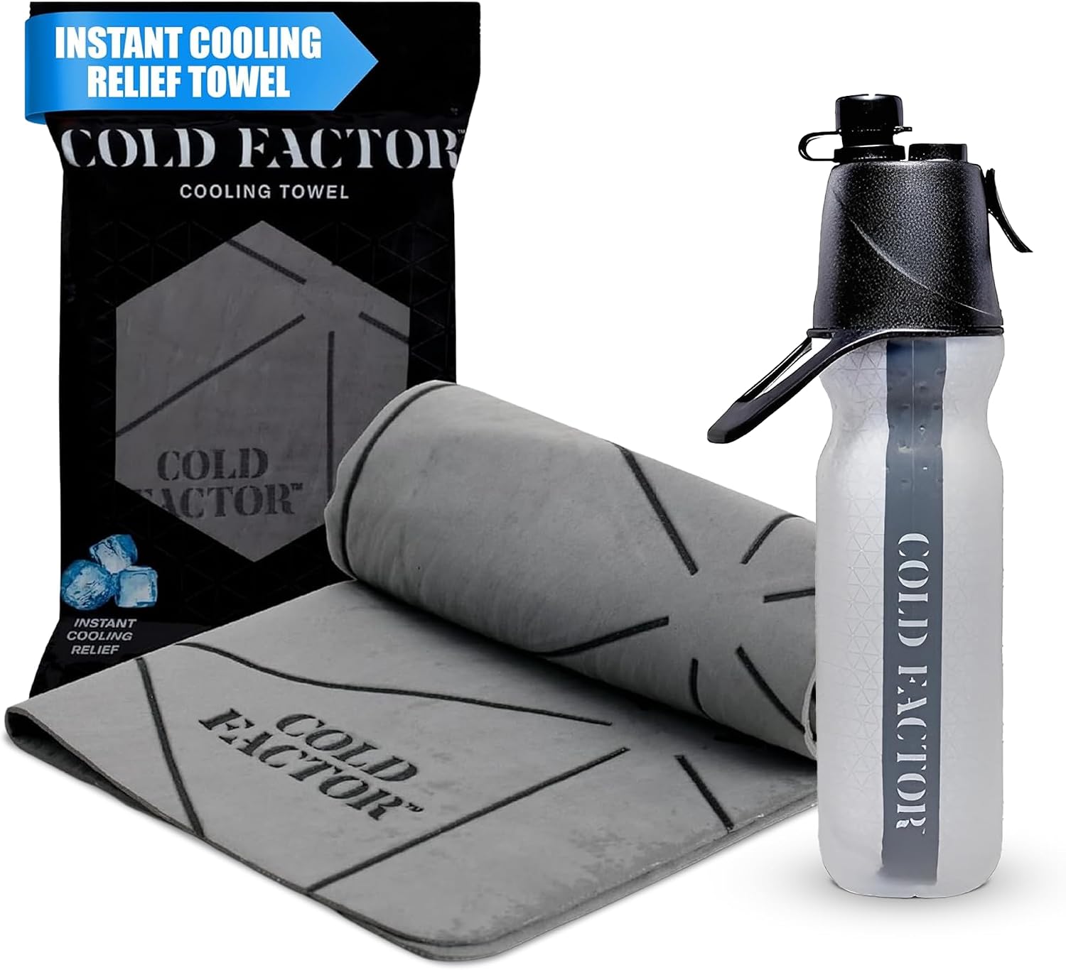 COLD FACTOR Gray Cooling Towel & Misting Water Bottle Bundle– Soft Cooling Neck Wrap w/UPF 50+ Protection, Machine Washable – Insulated 20oz Hydration & Cooling Spray for Sports, Exercise & Fitness
