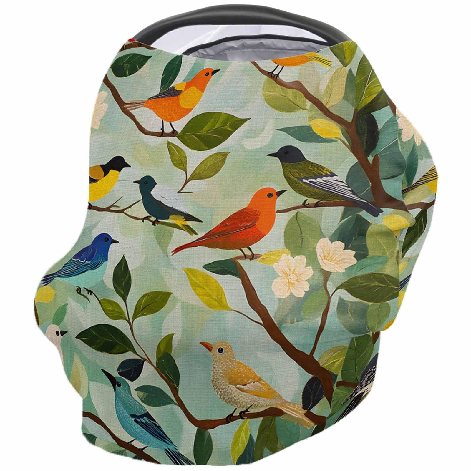 Orange Bird Country Nursing Cover for Breastfeeding Scarf, Green Branch Leaves Oil Painting Spring Baby Car Covers Super Soft Multi Use for Canopy Shopping Cart Cover Blanket Stroller Cover