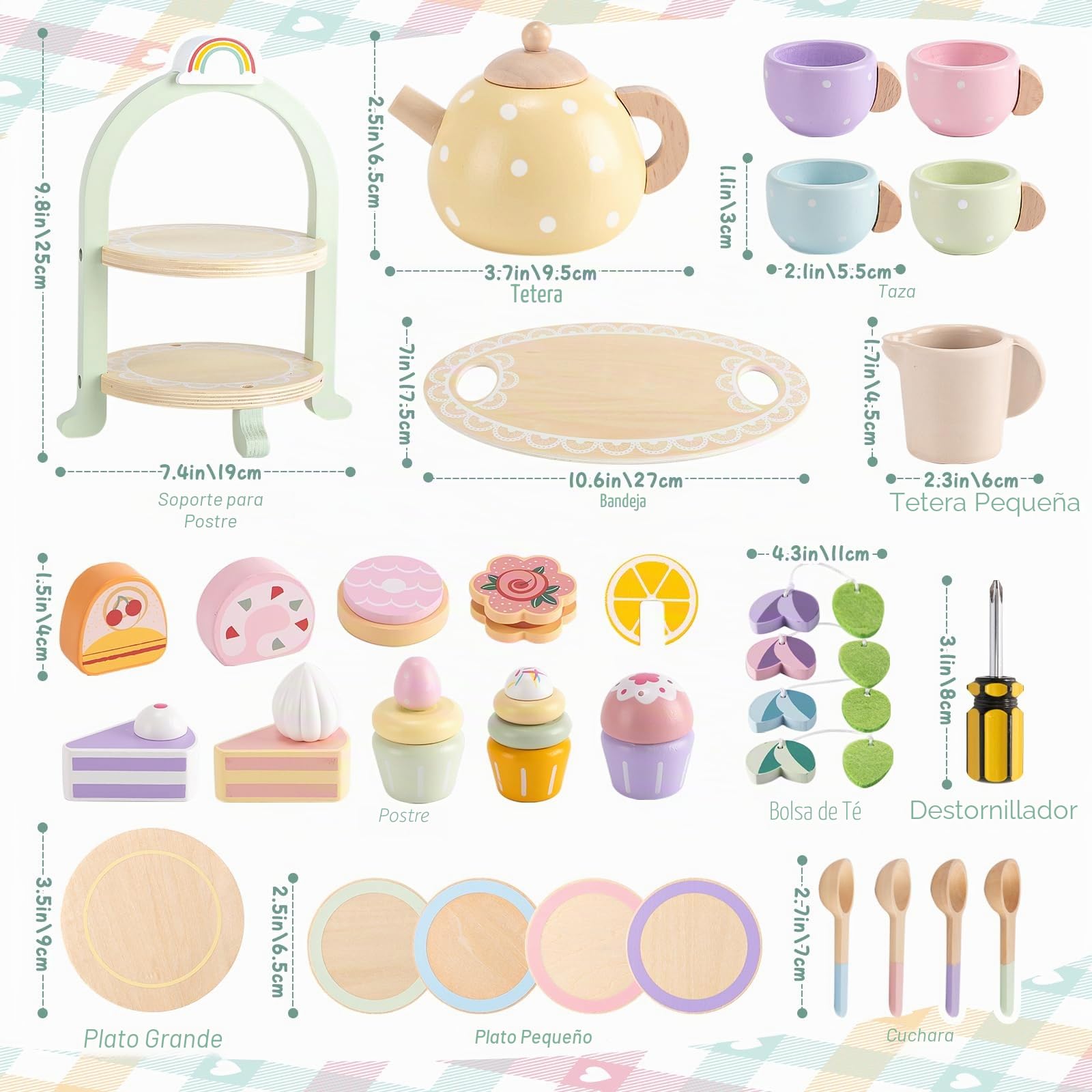 Vajilla de té de Madera para bebé, niño, Juego de Fiesta de té, Expositor para Cupcakes, Tetera, Tazas de té, dinette Infantil, Cocina de Madera, Juegos de rol, Juguete Educativo, Regalo de