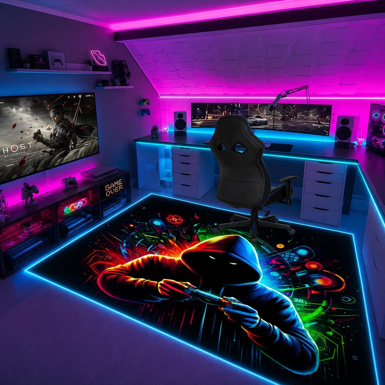 Gaming Rug RGB LED Light (3x5 Gamer) - Bedroom Gamer Rug Floor Mat Gaming Decor - Kids Room Rug Anti Slip Mat for Chair – Play Game Room Décor for Teen, Boys, Kids