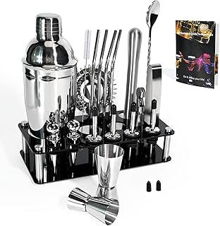 VIKKSAER 27Pcs Cocktail Shaker Set Bartender Kit with Acrylic Stand, Bartending Bar Tool Set with Martini Shaker, Jigger, Strainer, Mixer Spoon, Tongs, Recipe Book for Bar, Home Party Drink Mixing