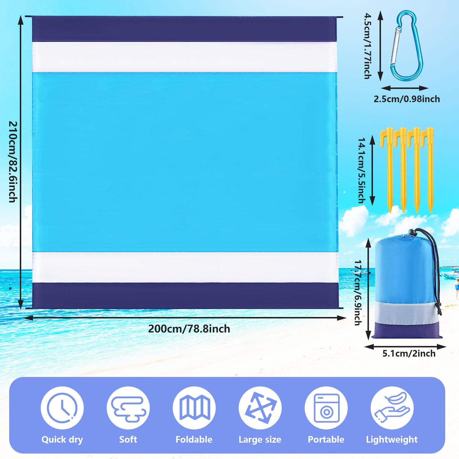 Coperta Da Spiaggia Extra Large Antisabbia E Impermeabile – 210x200 Cm, Con Pioli E Custodia, Per Picnic E Campeggio