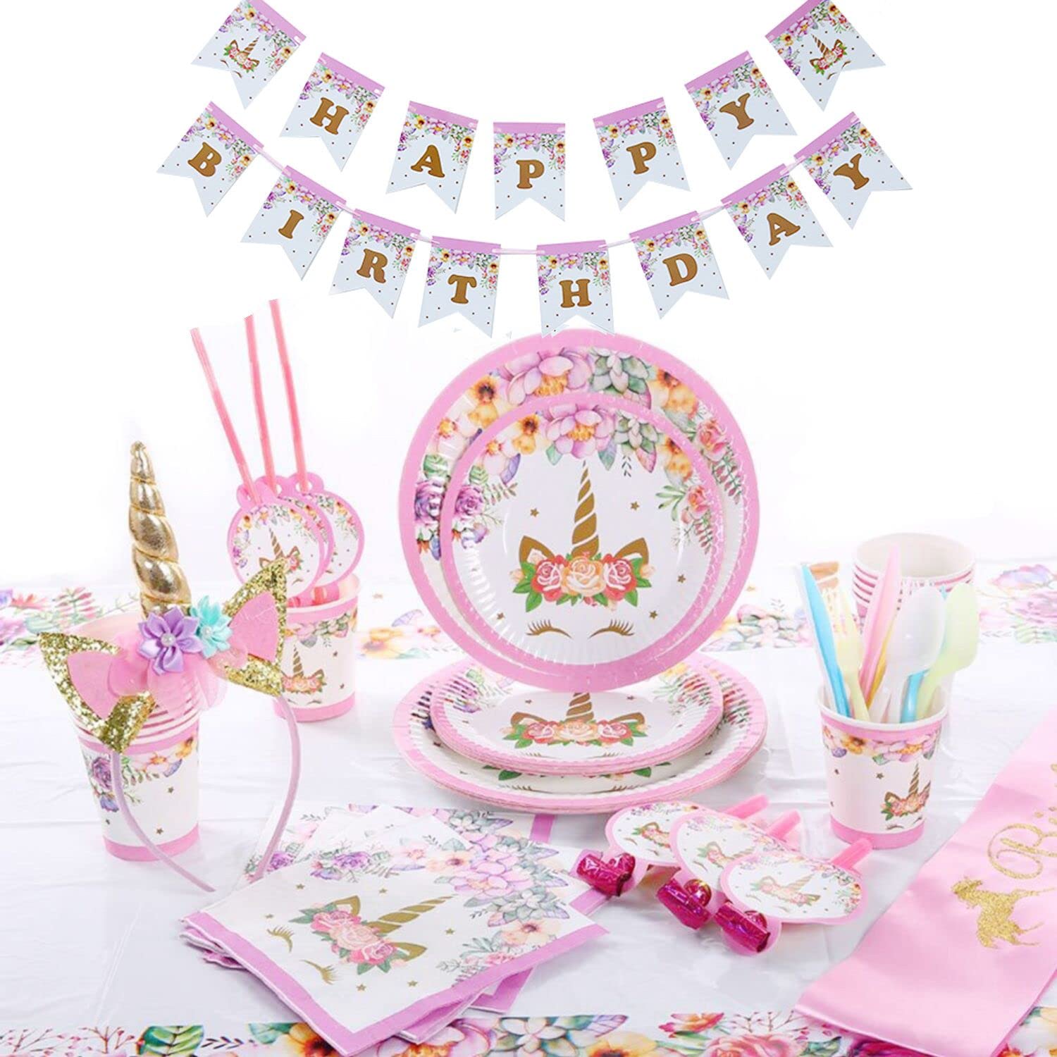 Unicorn Birthday Party Decorations 178 pcs with Unicorn Photography Background Unicorn Party Supplies for Girls, Includes Disposable Tableware Kit