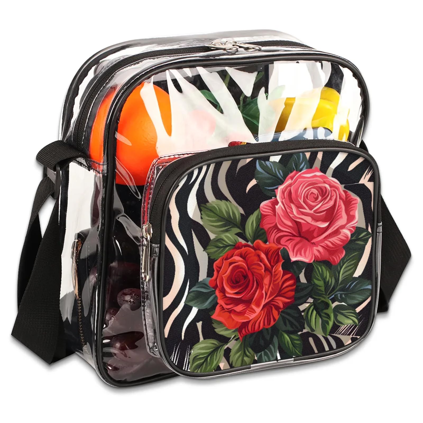 Clear Crossbody Bag Stadium Approved Rose Pink Red Transparent Bag for Festivals, Sports Events, Concerts,Beach Bag for Women Men Clear Purse with Front Pocket Messenger Bag with Adjustable Strap