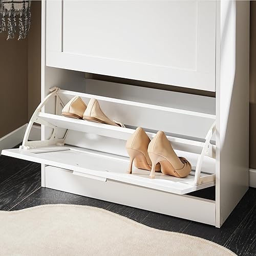 Miniatura 5 de Haotian Gabinete de Almacenamiento de Zapatos para Entrada, Zapatero Delgado Independiente, Organizador Estrecho de Zapatos con 2 Cajones Abatibles