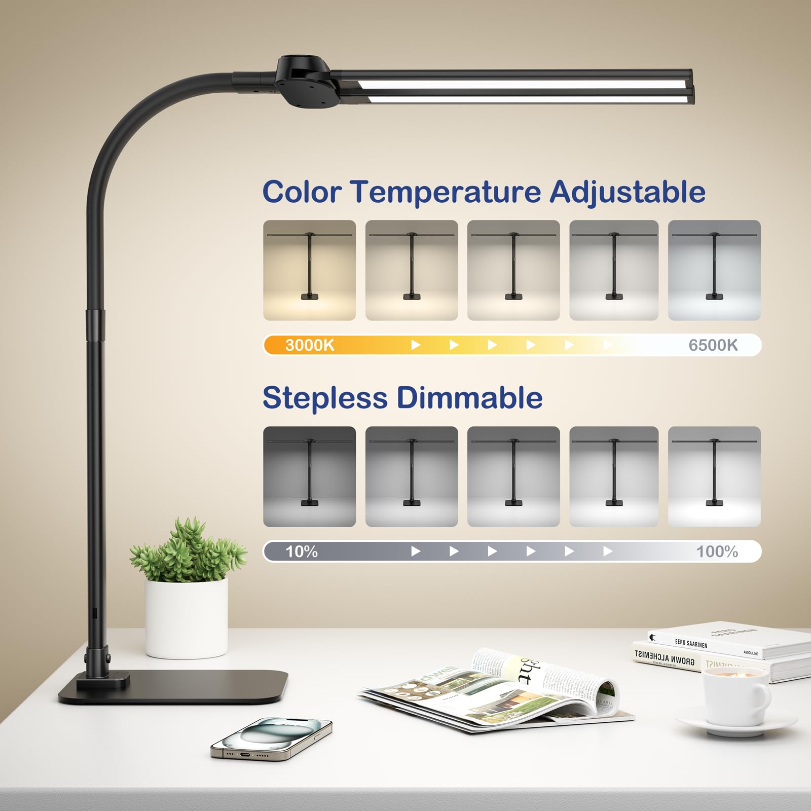 Kary Led Schreibtischlampe Dimmbar mit USB-Ladeanschluss und fuß, 24W Ultra Hell Doppelkopf tischlampe für Büro, Arbeit, Design,Lesen, Augenpflege Lampe mit Fernbedienung, CRI>90, 5 Farbtemperaturen