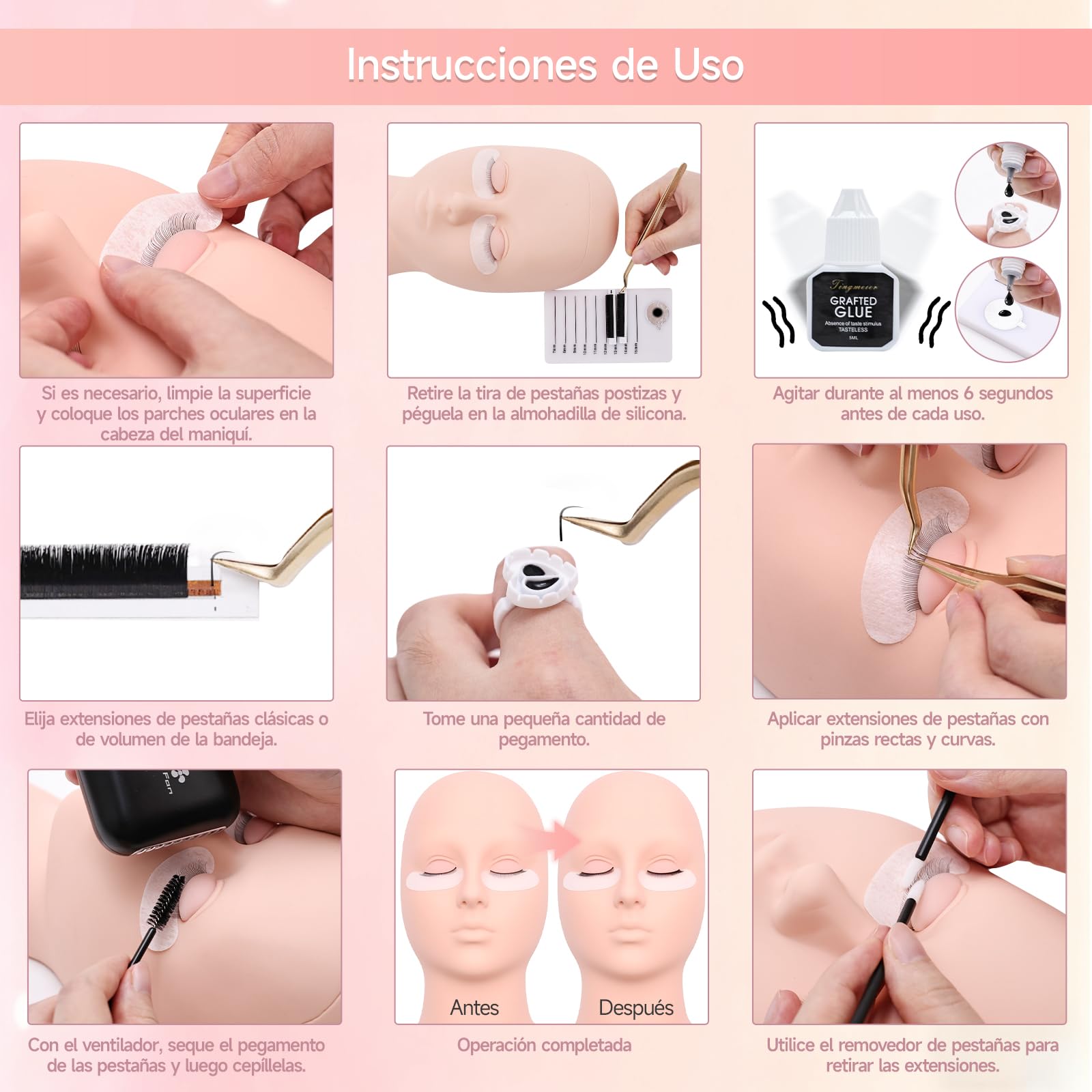 TwoWin Kit Extensiones de Pestañas, Kit de Pestañas para Principiantes | Maniquí Pestañas para Practicar con 4 Pares de Párpados Extraíbles, Ventilador USB, Pinzas