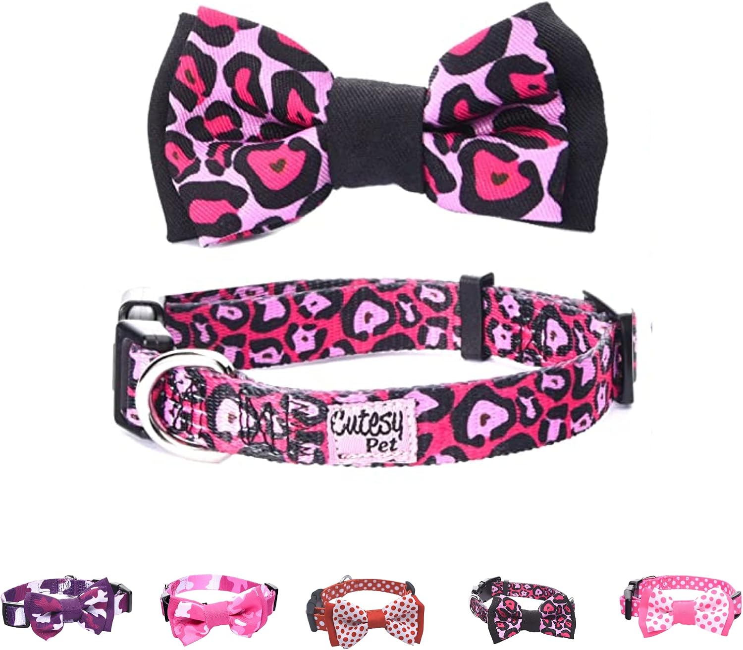 Cutesy Pet | Cute Dog Collar with Adjustable Bow Tie | Comfortable and Strong | Pink Leopard | Medium