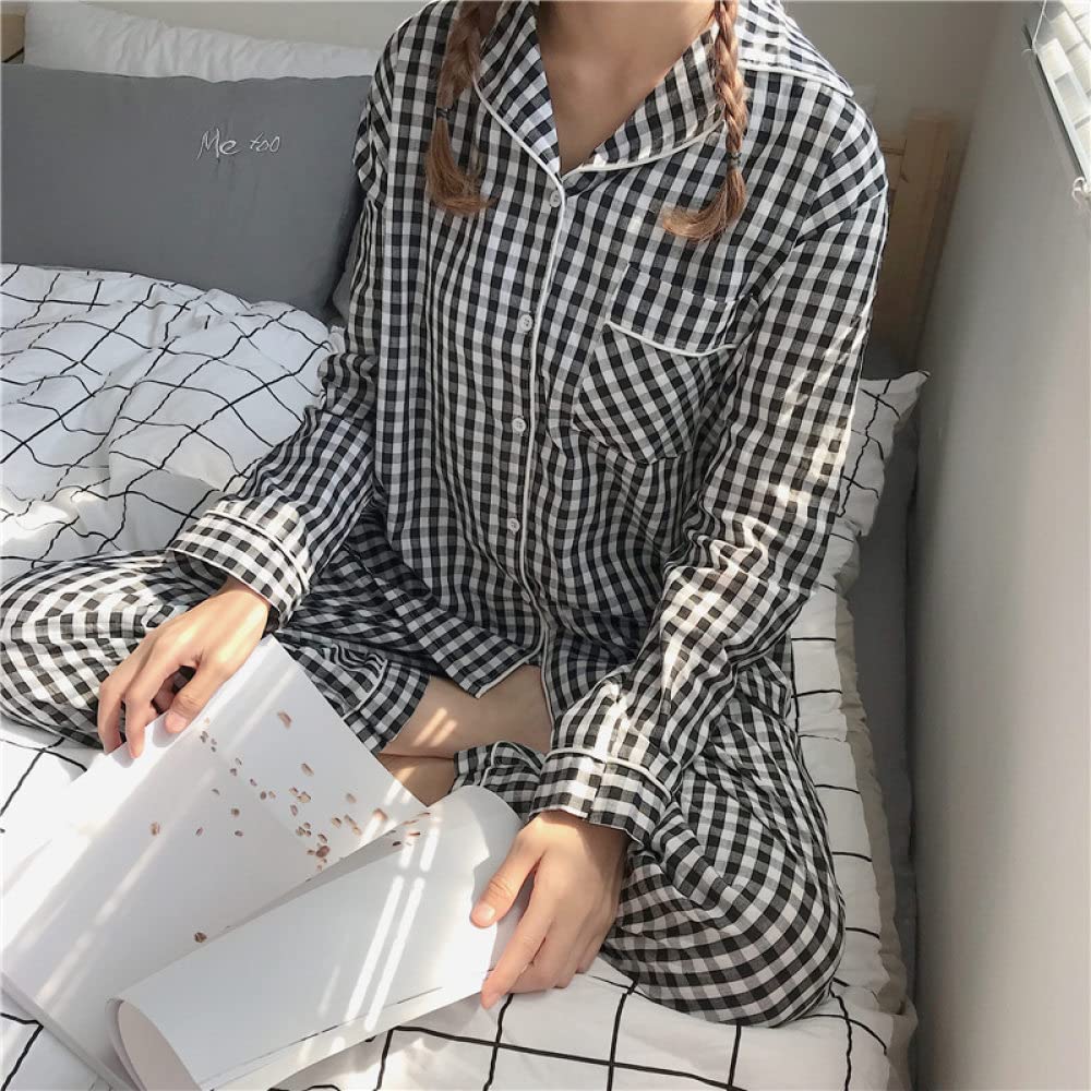 Pijamas Para Mujer Conjunto De Pijama De Poliéster Con Solapa A Cuadros En Diagonal Negra Para Mujer Pijama De Manga Larga Simple Regular Suelto Para Mujer Conjunto De Dos Piezas Regalo De Festival
