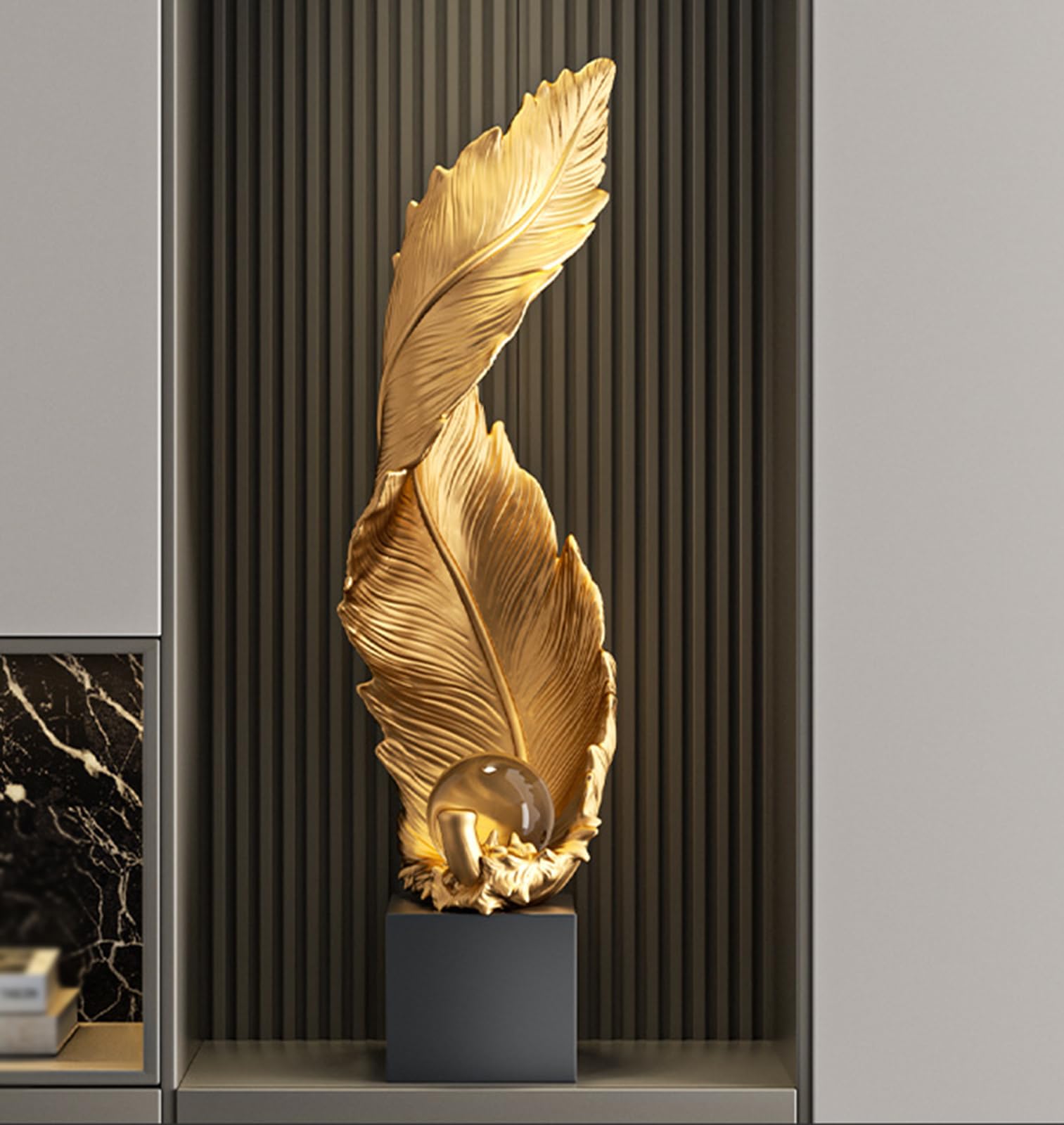 Abstract Feather Statue,Desktop Decorative Sculpture with Crystal Ball