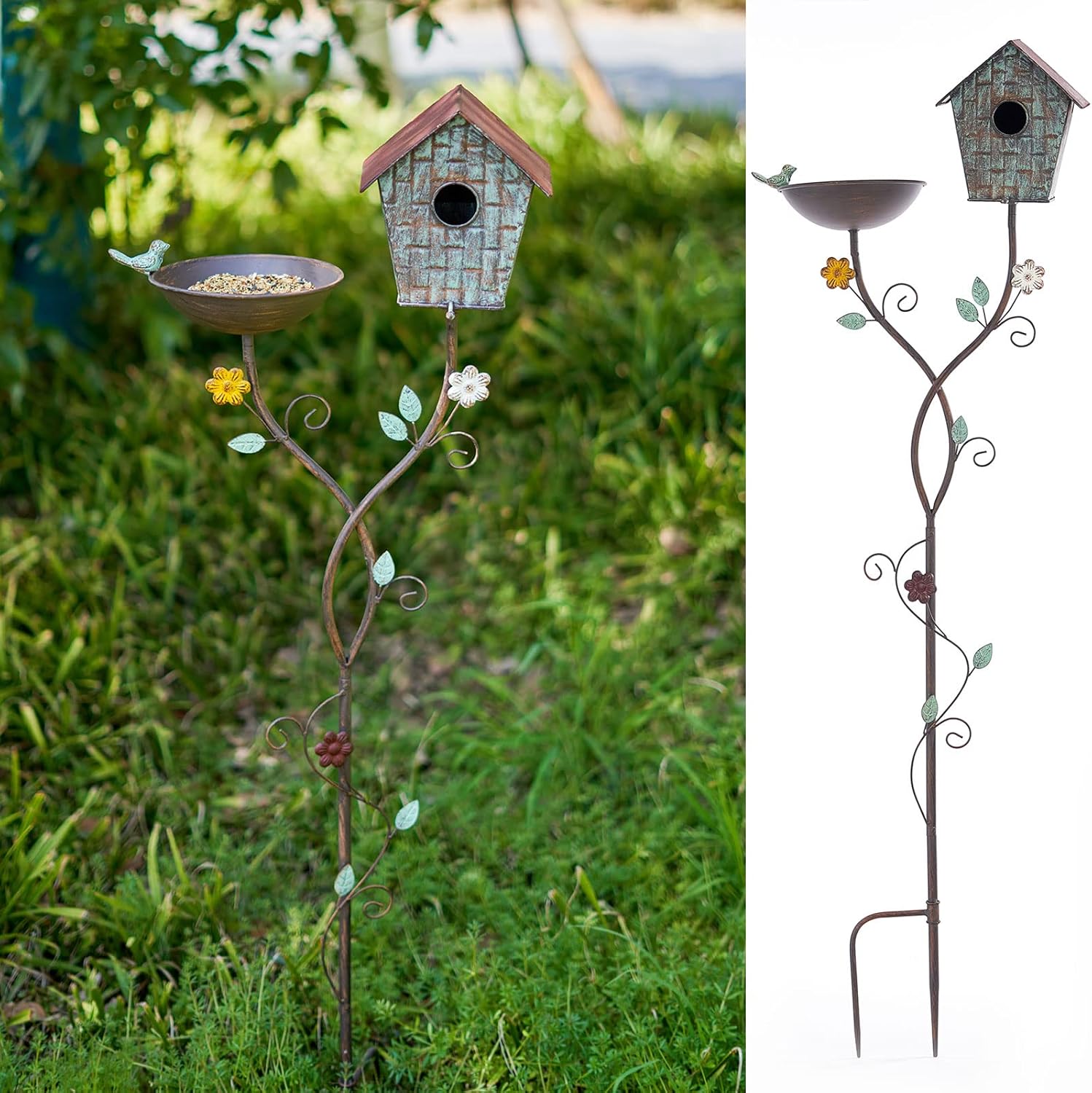 SMQLJXC Bird Baths and BirdHouses with Pole, Distressed