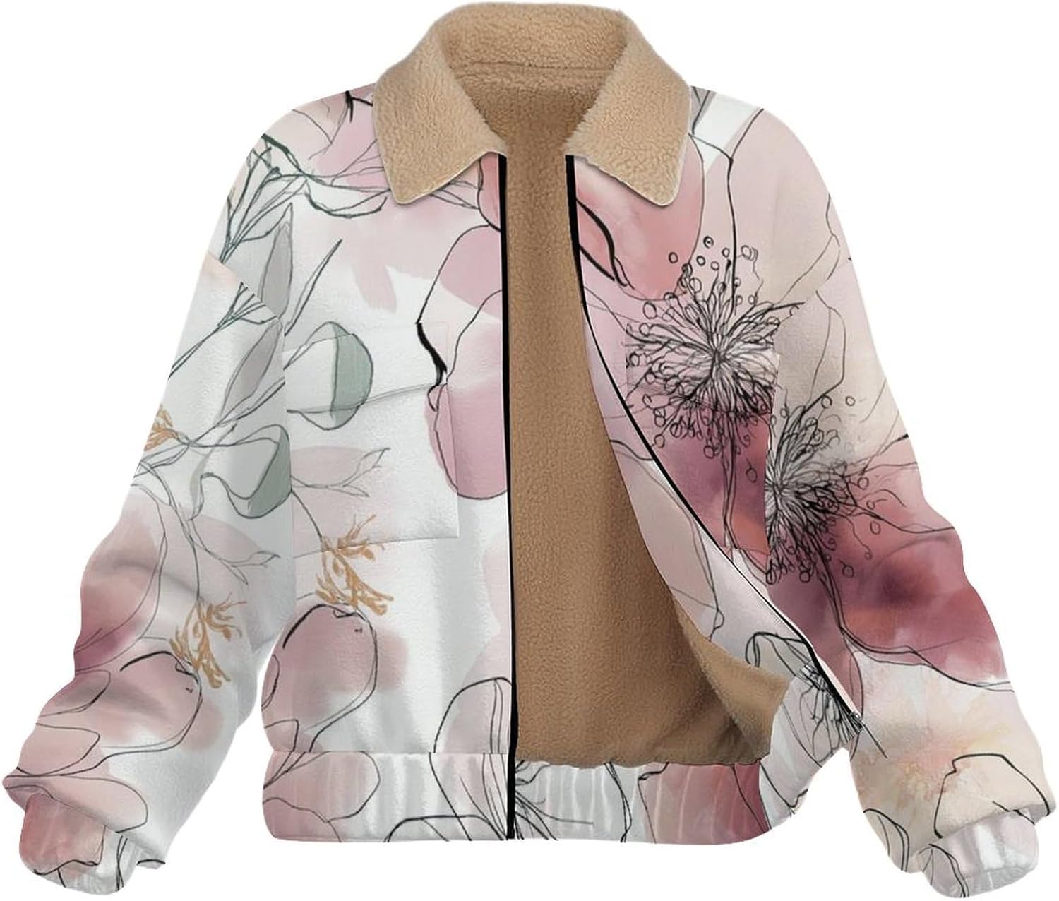 Women's Full Zip Soft Polar Fleece Jacket, Lines Flowers Printed Outdoor Coat, Long Sleeve Comfortable Outerwear