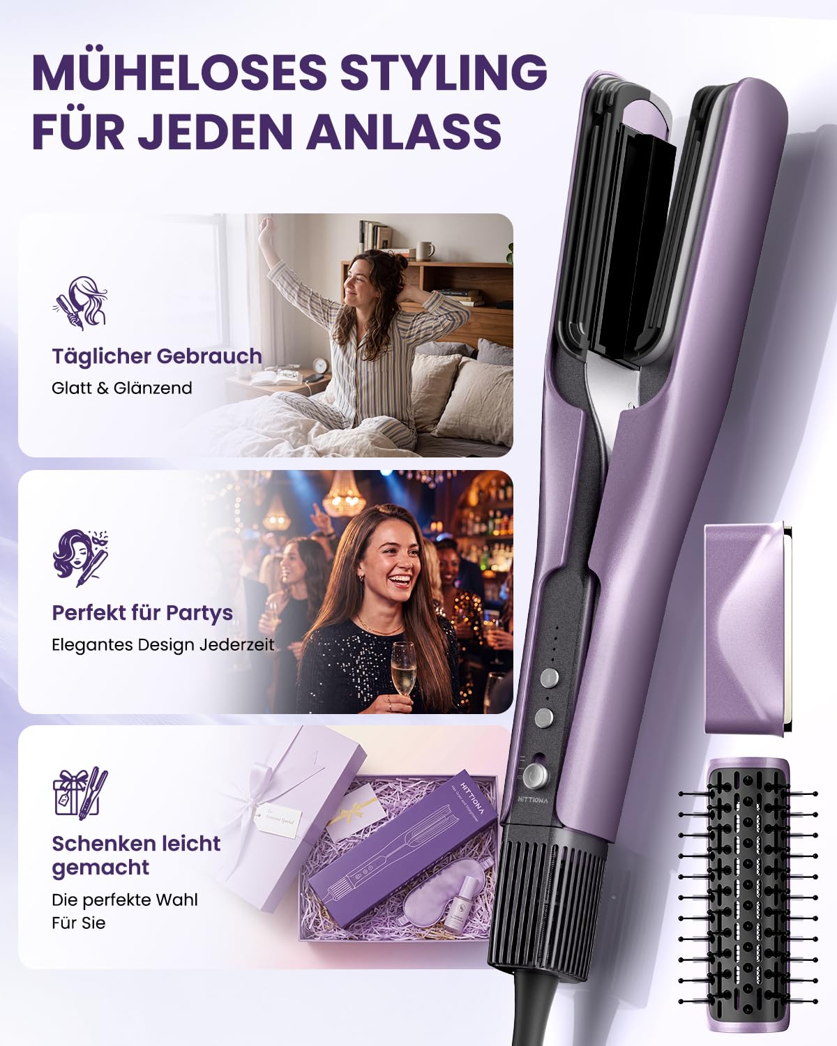 HITTIONA Air Haarglätter Föhn 3 in 1, Nass-zu-Trocken Glätteisen | mit Föhndüse & Volumenbürste, schnelles Trocknen, Glätten & Volumenstyling, 4 Temperaturmodi, Booster-Modus für Dickes Haar
