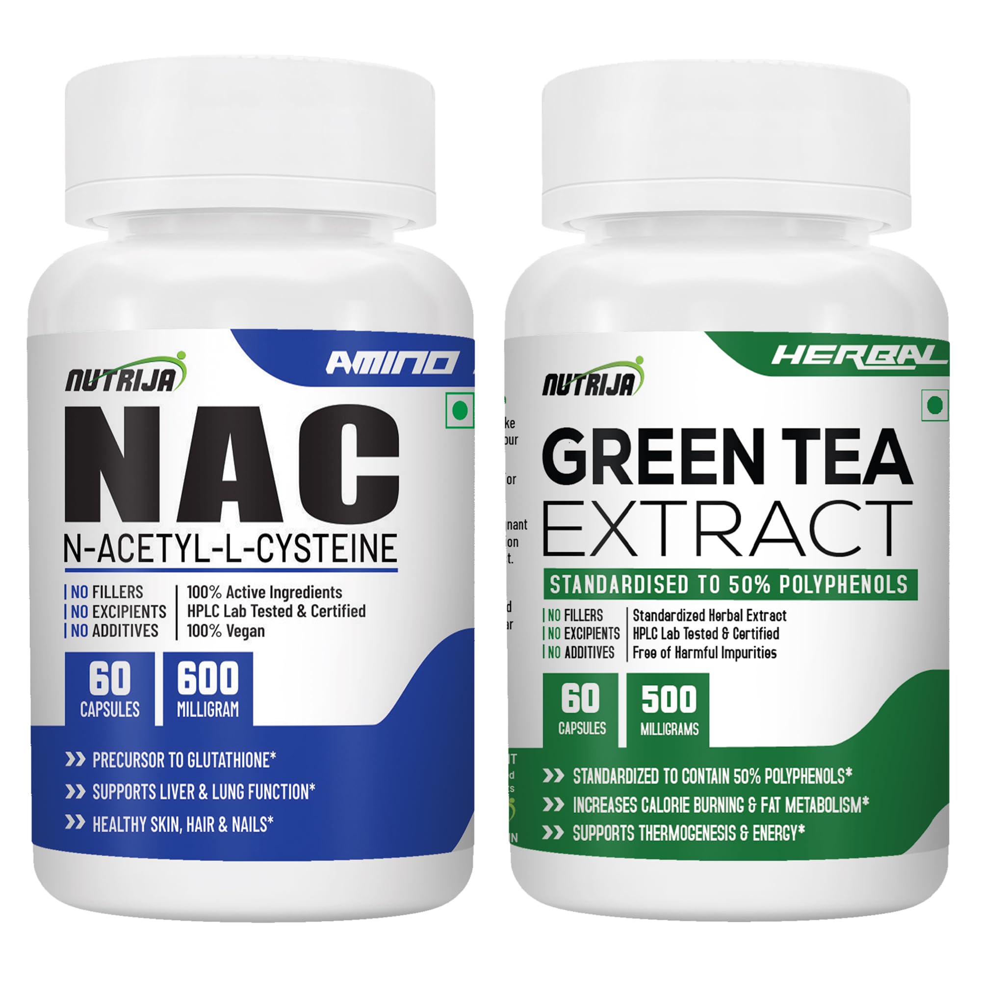 NutriJa NAC 600mg + Green Tea Extract 500mg Combo | 60 Capsules Each | Antioxidant Support Supplement Bundle-image-14