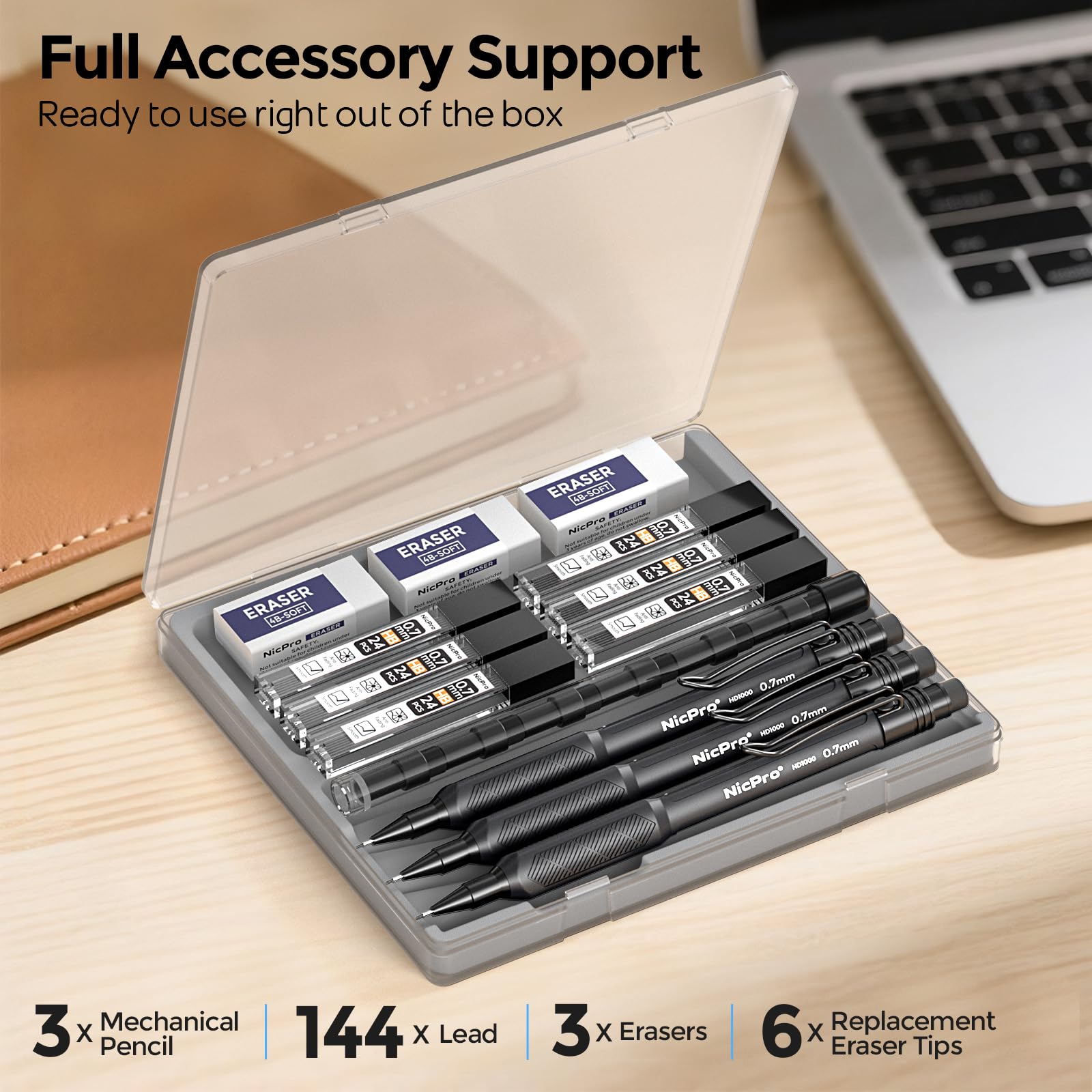 Nicpro Lot de 3 porte-mines en métal HD1000 de 0,7 mm avec 6 tubes de recharge HB, gomme, corps résistant aux intempéries pour l'écriture, le dessin, l'esquisse