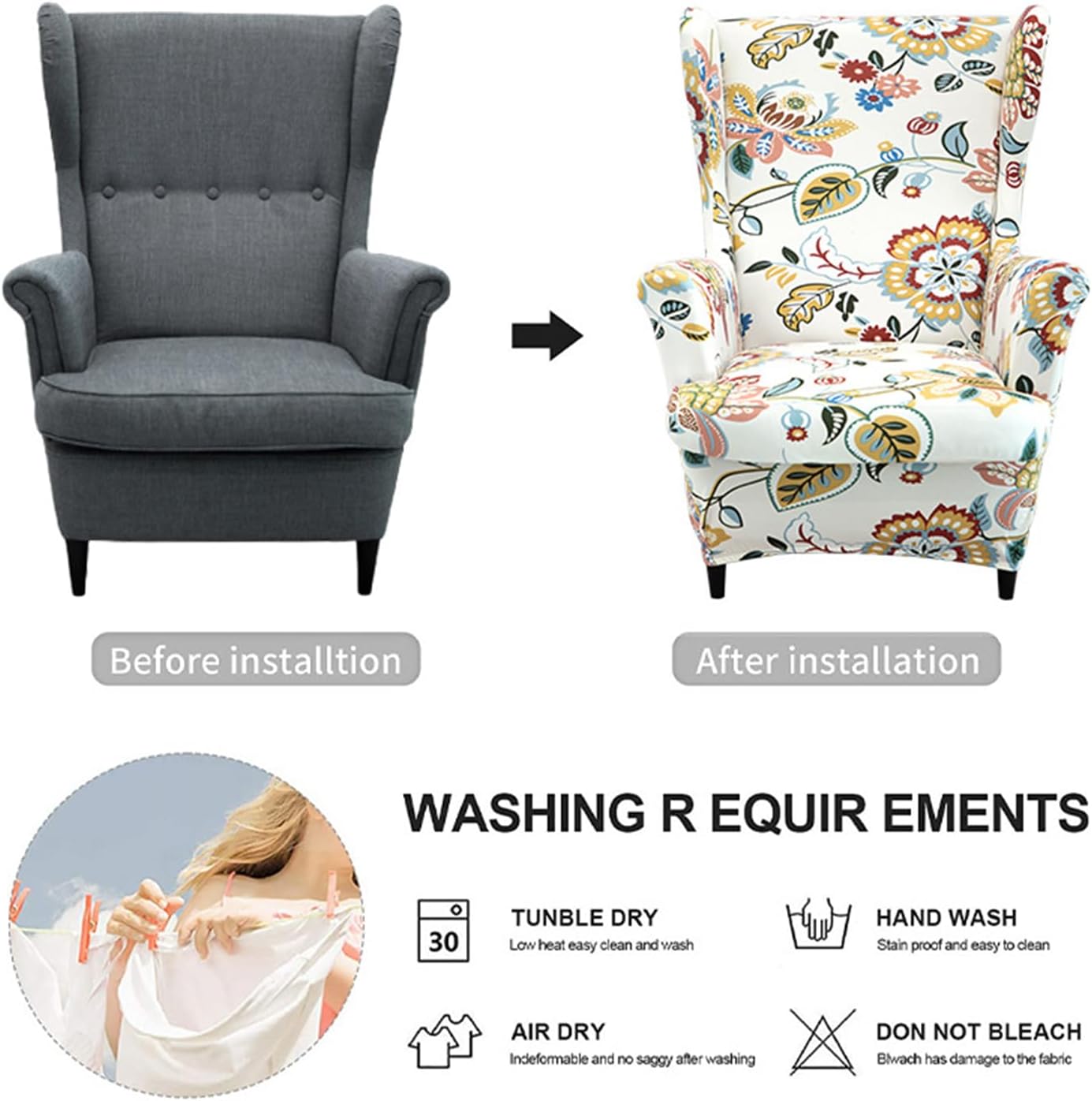 I,2pcs, Wingback Chair Cover 2Pcs Wing Chair Cover Full Wrap Wingback Armchair Cover Slipcover Sofa Cover Furniture Protector for Living Room Bedroom Hotel Washable