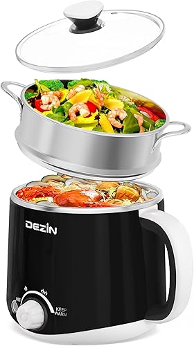 Miniatura 1 de Dezin Olla eléctrica con vaporizador, olla rápida de fideos, olla eléctrica de acero inoxidable de 1.6 litros, perfecta para ramen, huevo,