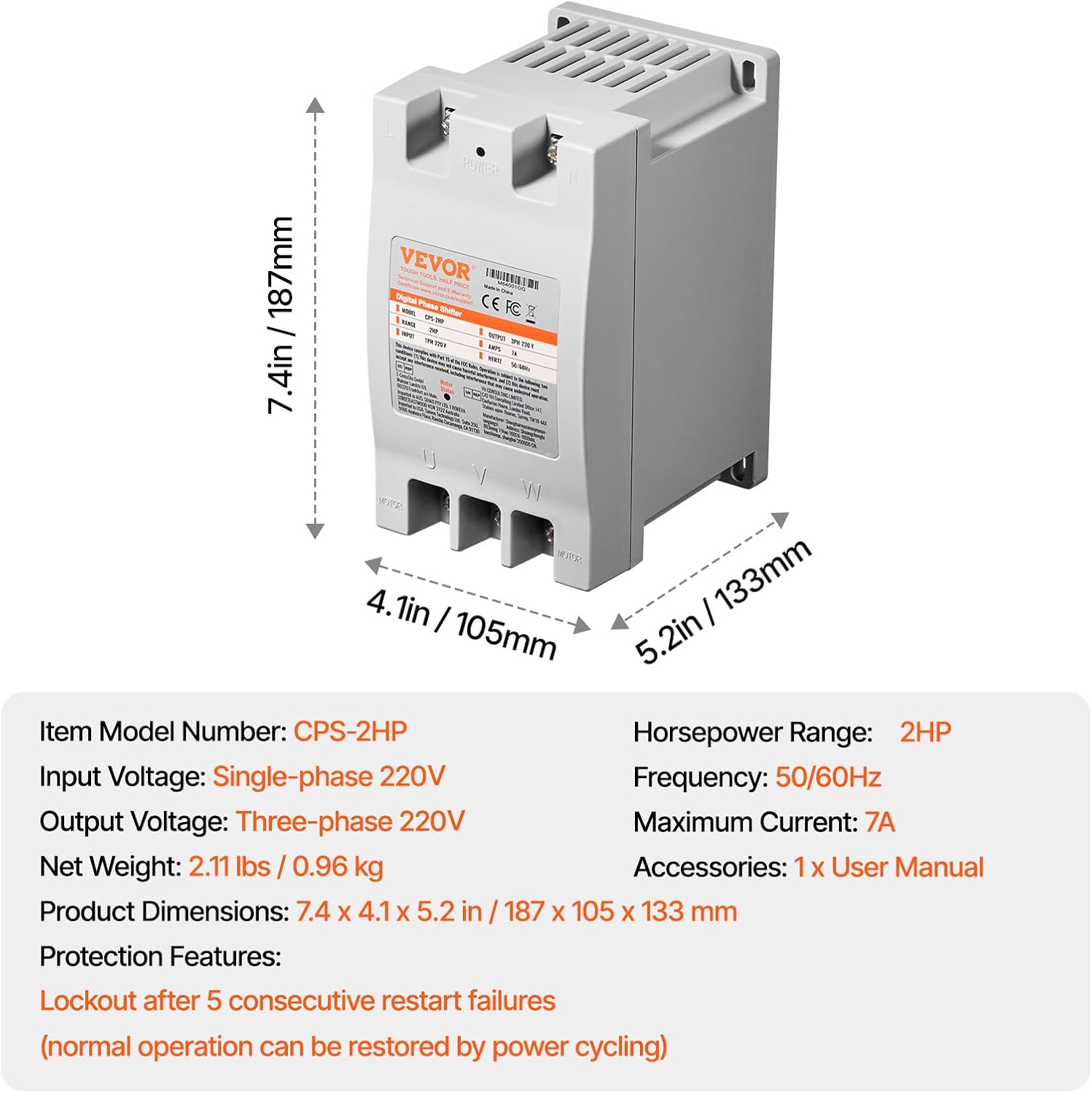 VEVOR 3 Phase Converter - 2HP 7A 220V Single Phase to 3 Phase Converter, 220V Input/Output, Digital Phase Shifter for Residential & Light Commercial Use (One Converter for One Motor Only)