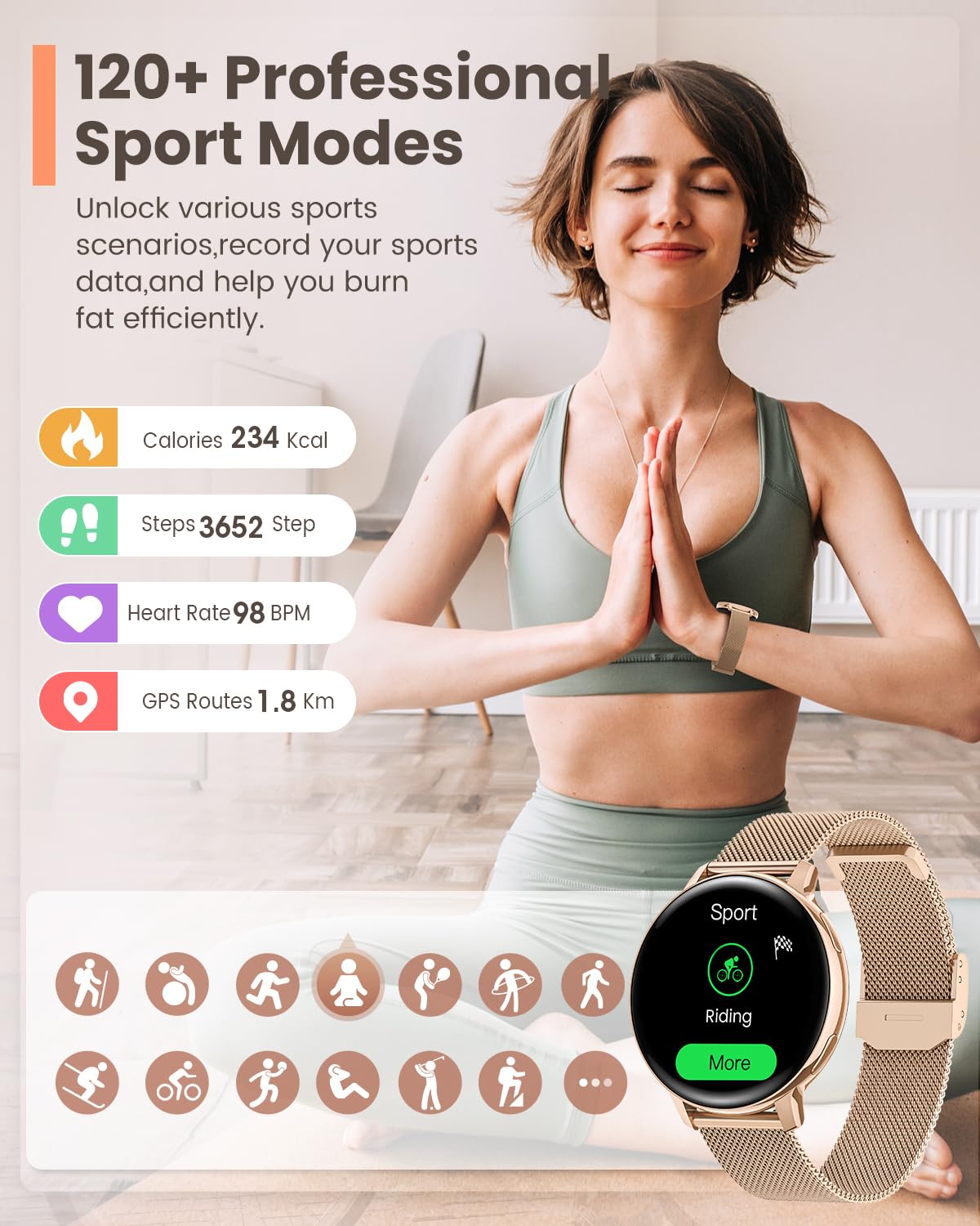 Sanorum Smartwatch Donna, 1.39" Orologio Smartwatch con Chiamate, Fisiologia Femminile, 24H Cardiofrequenzimetro SpO2, Sonno, 120+ Sport, Notifiche, Smart Watch Fitness per iOS Android Oro Rosa
