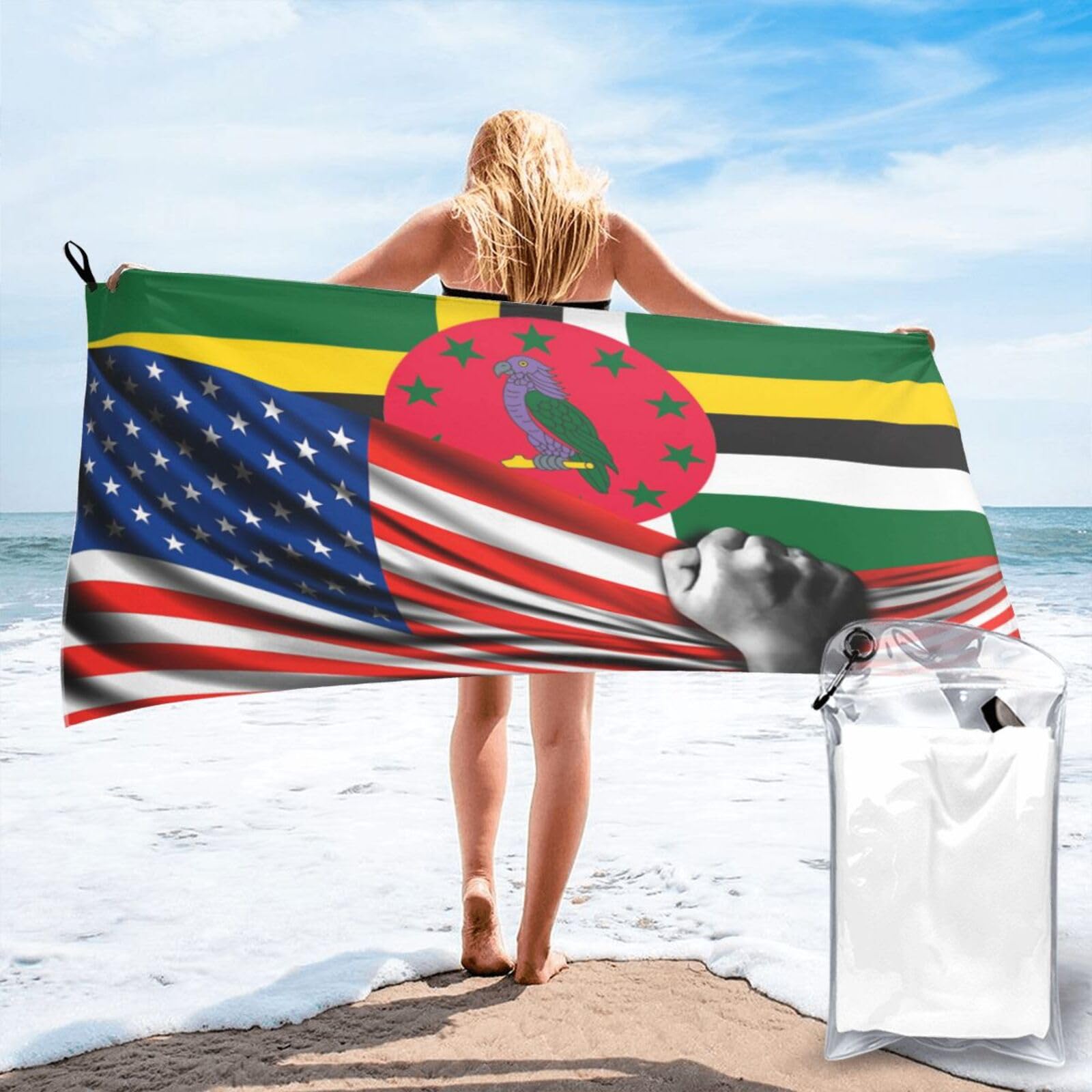 HACXZ Beach Towel America Flag and Dominica Dominican Flag Microfiber Beach Towel Lightweight Absorbent 31.5"X63"