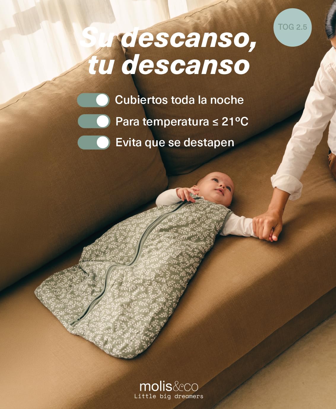 molis&co - Saco de Dormir para bebé 2.5 TOG - 85 cm (6-18 Meses) - Ideal para Invierno - 100% algodón (Oeko-Tex 100) - Acolchado, Suave y Cálido - Green Garden