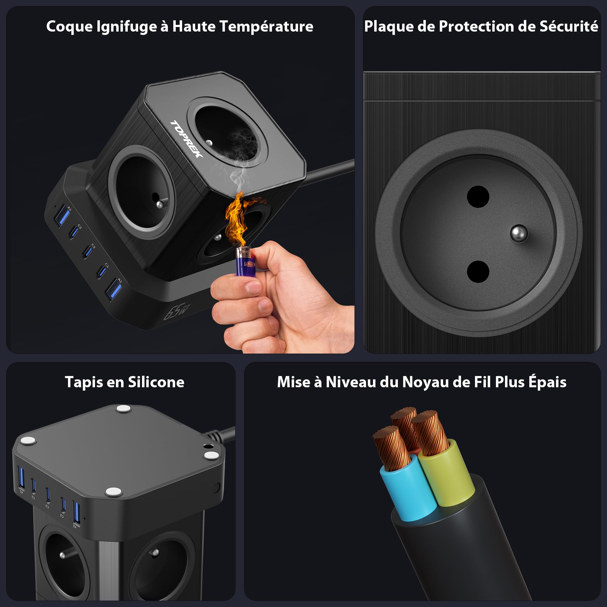 65W PD3.0 USB-C Cube Extension Lead, TOPREK 5 Way (16A/4000W) Multi Socket Plug Extension Cable z zabezpieczeniem dla dzieci FR Desktop Power Tower Extension Lead 2M, przedłużacz do domu akademik biur